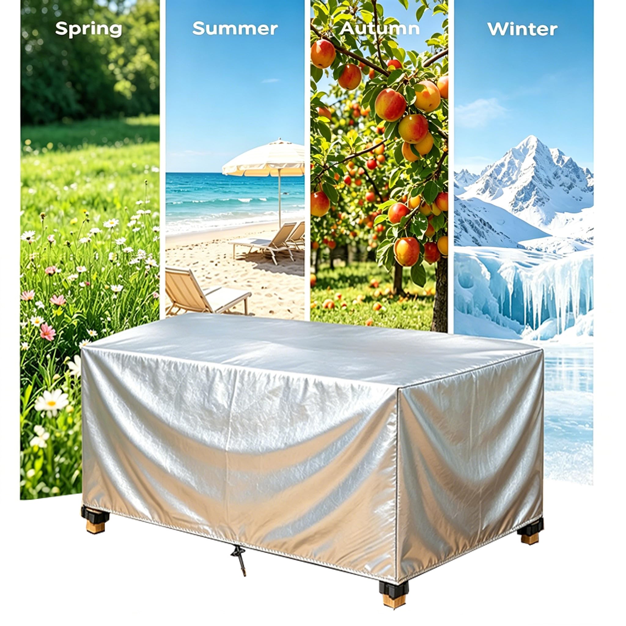 Funda de piel de 270 x 70 x 75 cm, color plateado, impermeable, protector de mesa, protección contra rayos UV, resistente al viento y frío