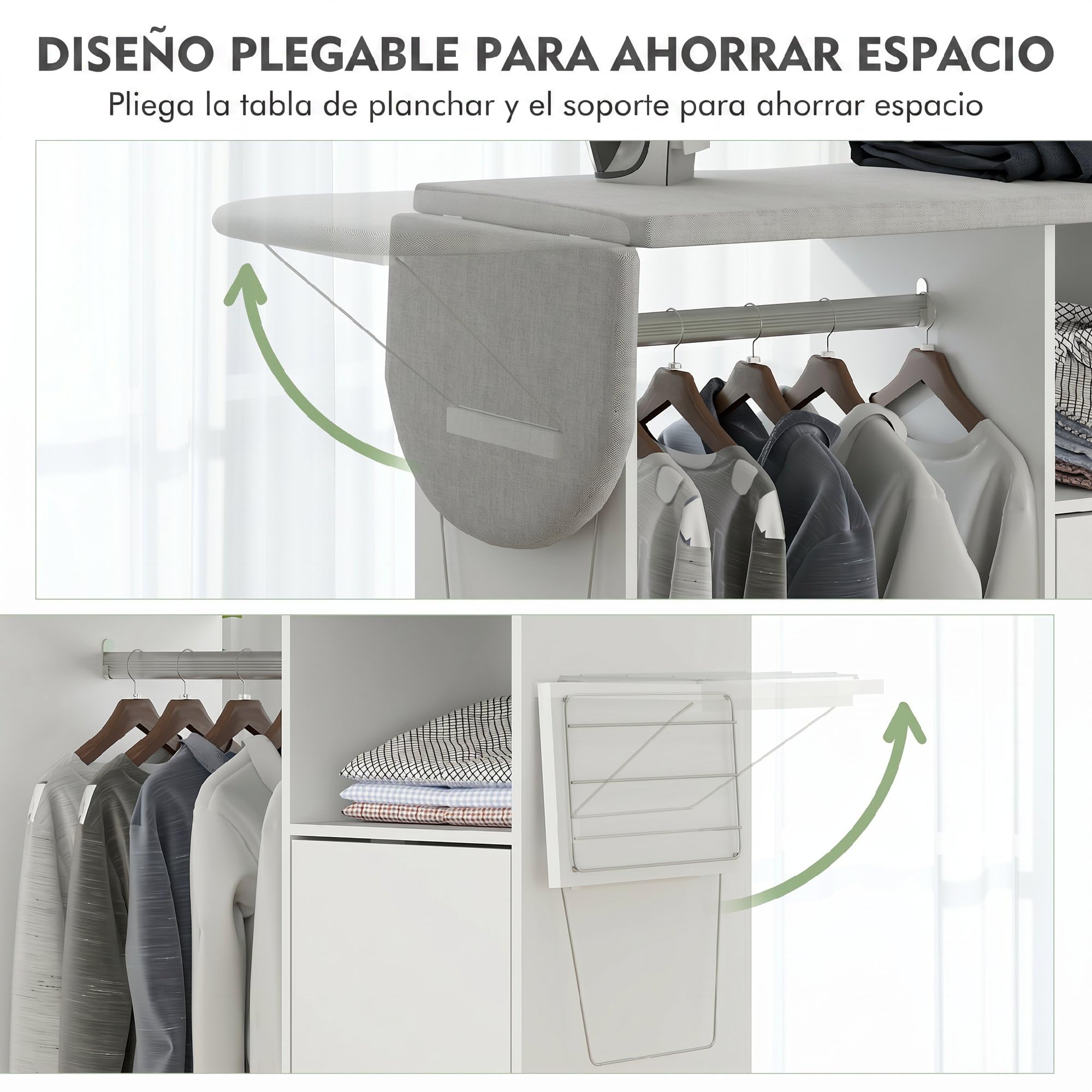 HOMCOM Mueble de Planchar de Madera Mueble de Planchado Tabla de Planchar Plegable con Ruedas Barra para Colgar Ropa Estante Abierto Estantes Ajustables para Sala Dormitorio 127x42,5x99 cm Blanco