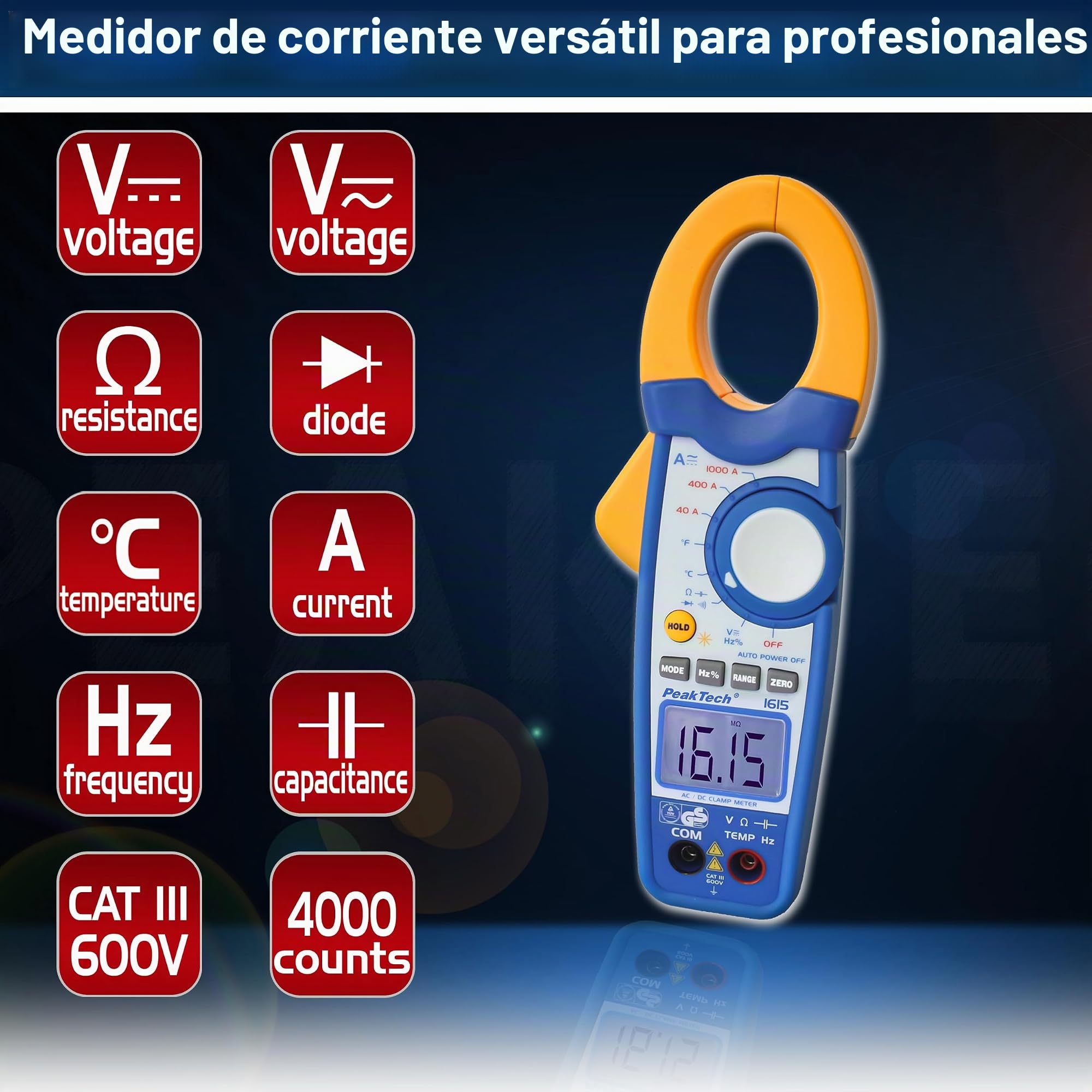 PeakTech 1615 - Pinza Amperimétrica 1000A Ac/Dc, Multímetro Pinza Amperimétrica, Tüv/Gs, Cat IIi, 4000 Cuentas, Voltímetro Sin Contacto, Amperímetro, Probador de Continuidad Máx. 600 V
