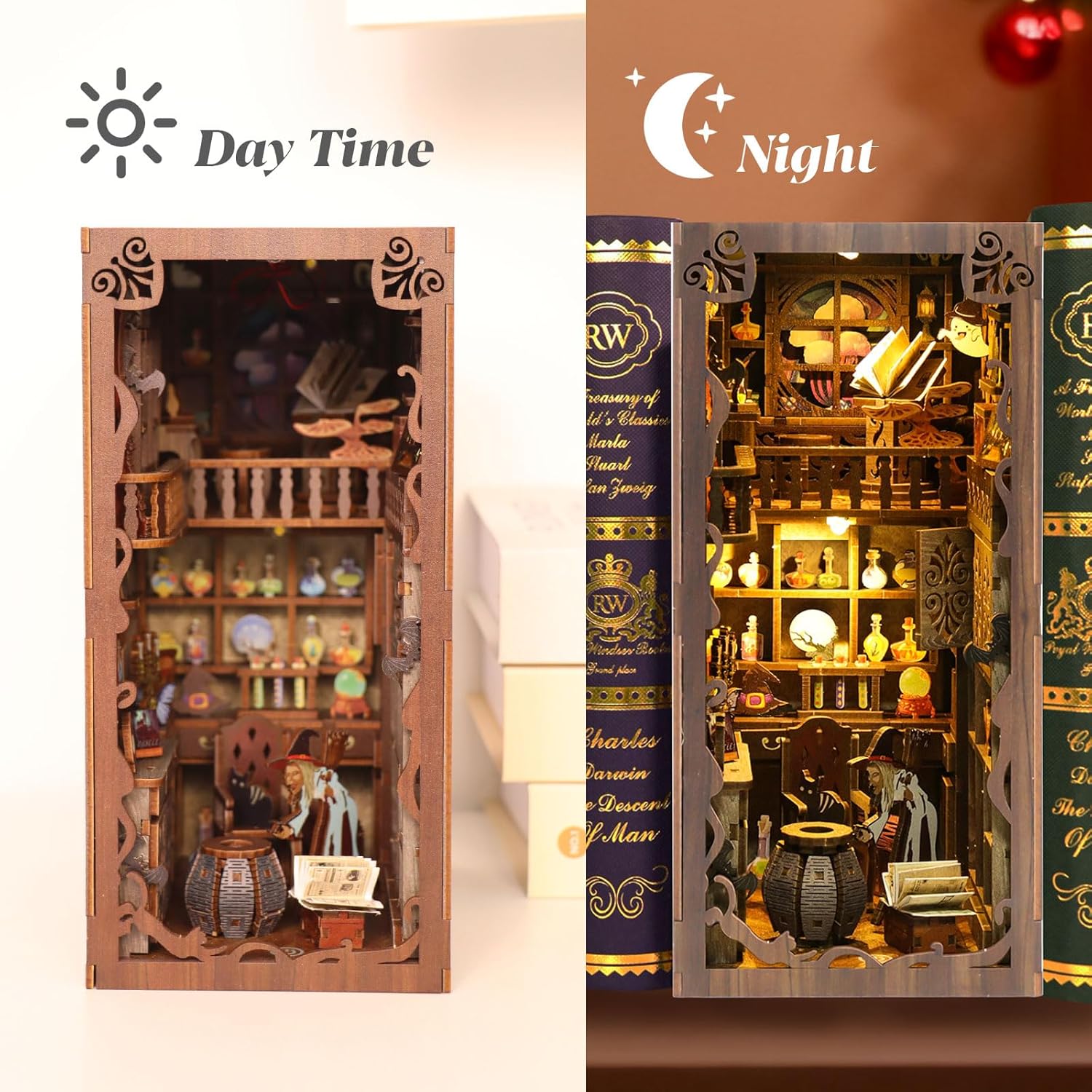 Book Nook Kit for Adults, DIY 3D Wooden Puzzle Miniature Booknook Kit with LED Sensor Light, Crafts Bookshelf Decoration Gift for Adults and Teens (Magic Night)