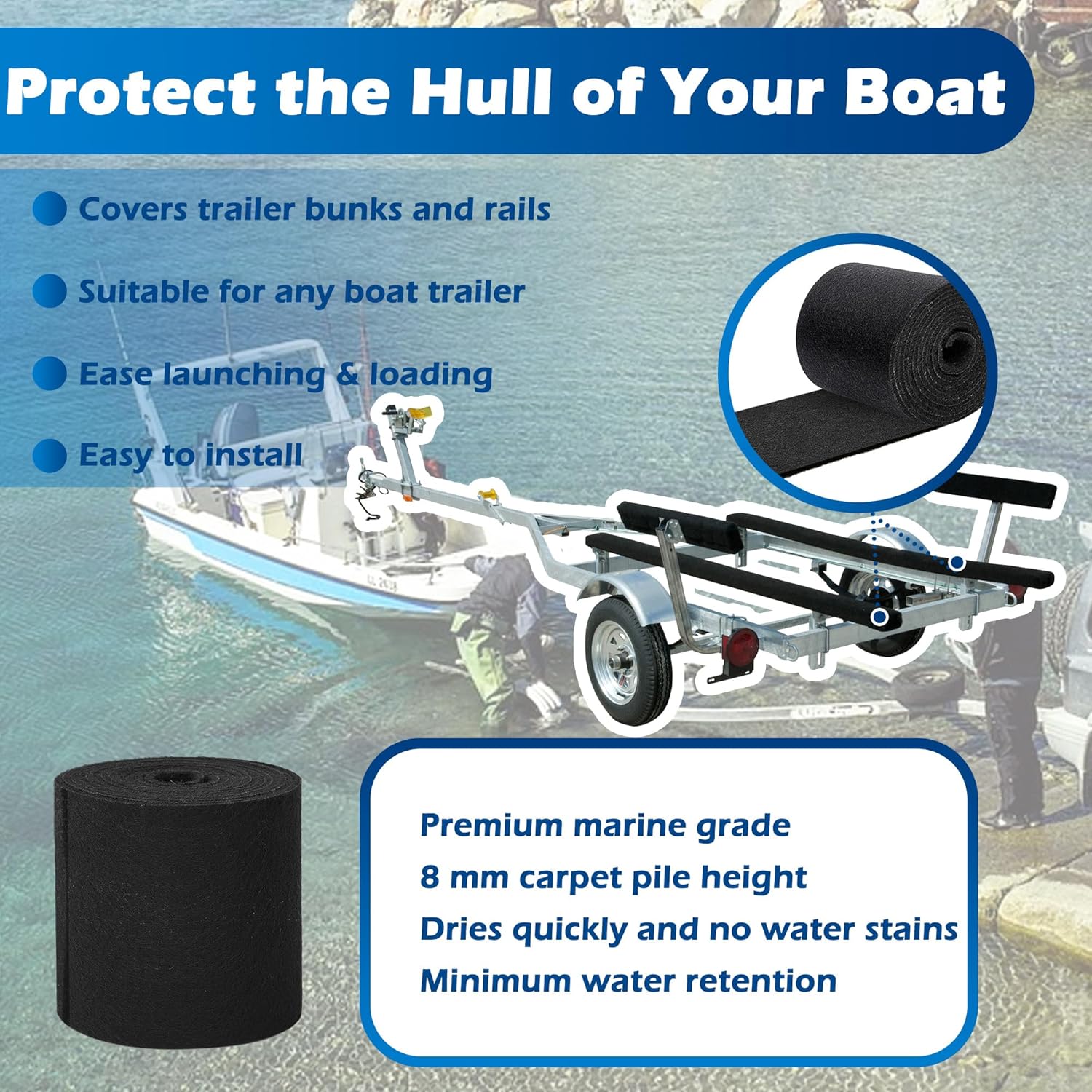 PROLEE Boat Trailer Bunk Carpet Extra Thick,50FT x 12in Marine Trailer Bunk Carpets 25oz, Marine Carpet, Boat Carpet Waterproof, Trailer Bunk Padding for Boats, Jet Ski, 5/16 Inch