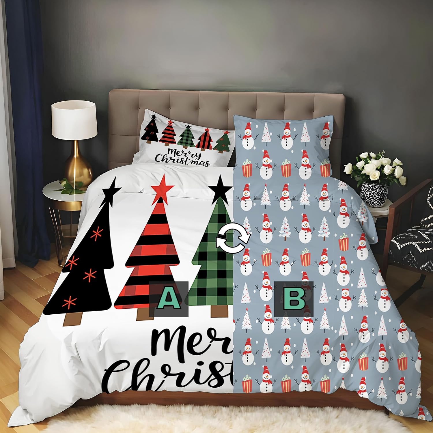 Reversible Red and black buffalo plaid Duvet Cover California King Size,3D Printed Holiday Bedding with Winter pine trees,Double-Sided Soft Microfiber Quilt Cover with Zipper Closure and Corner Ties