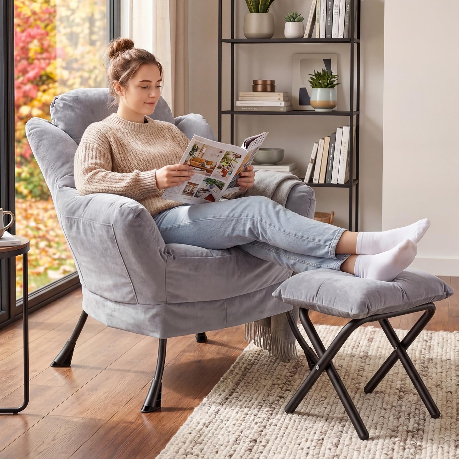 Panana Armchair Accent Chair,Living Room Comfy Armchair Reading Chair with Footstool Lazy Accent Chairs,Metal Frame Lazy Sofa Chairs for Living Room Bedroom Study Room Office (Grey)