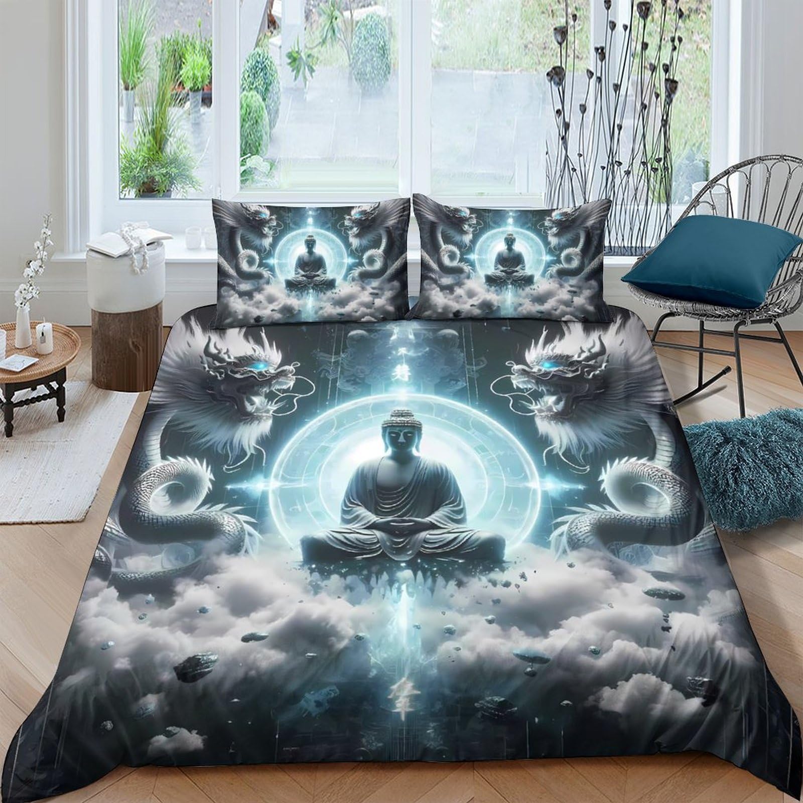 Ctjqhvkz Style-3 3D Printed Zen Buddha Fitted Sheet Microfiber Soft Breathable Cloud Dragon Bed Sheet For Bedroom Dorm Decor Single（135X200cm）