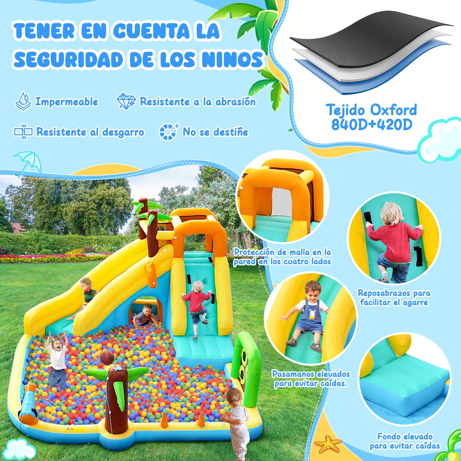 Tobogán Inflable de Agua con Ventilador 450W - Castillo Hinchable 10-en-1 para Niños en Interior y Exterior con Piscina, Aspersores y Tobogán Largo