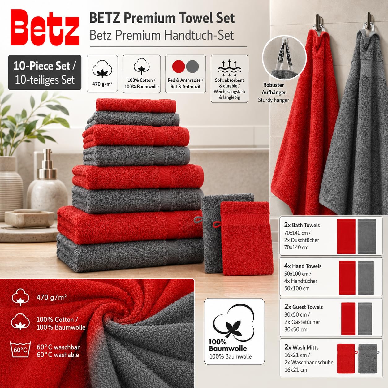 Betz Premium Frottier Handtuch-Set 10-teilig - 2X Duschtücher - 4X Handtücher - 2X Gästetücher - 2X Seiftücher - 2X Waschhandschuhe - Farbe Rot & Anthrazit