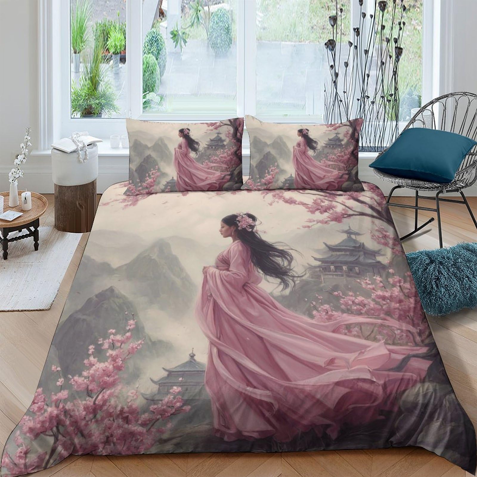 GPLZQXKJNH 3D Printed Oriental Princess Duvet Cover Microfiber Soft Pink Blossom Bedding Set with 2 Pillowcases for Bedroom Decor Single（135x200cm）