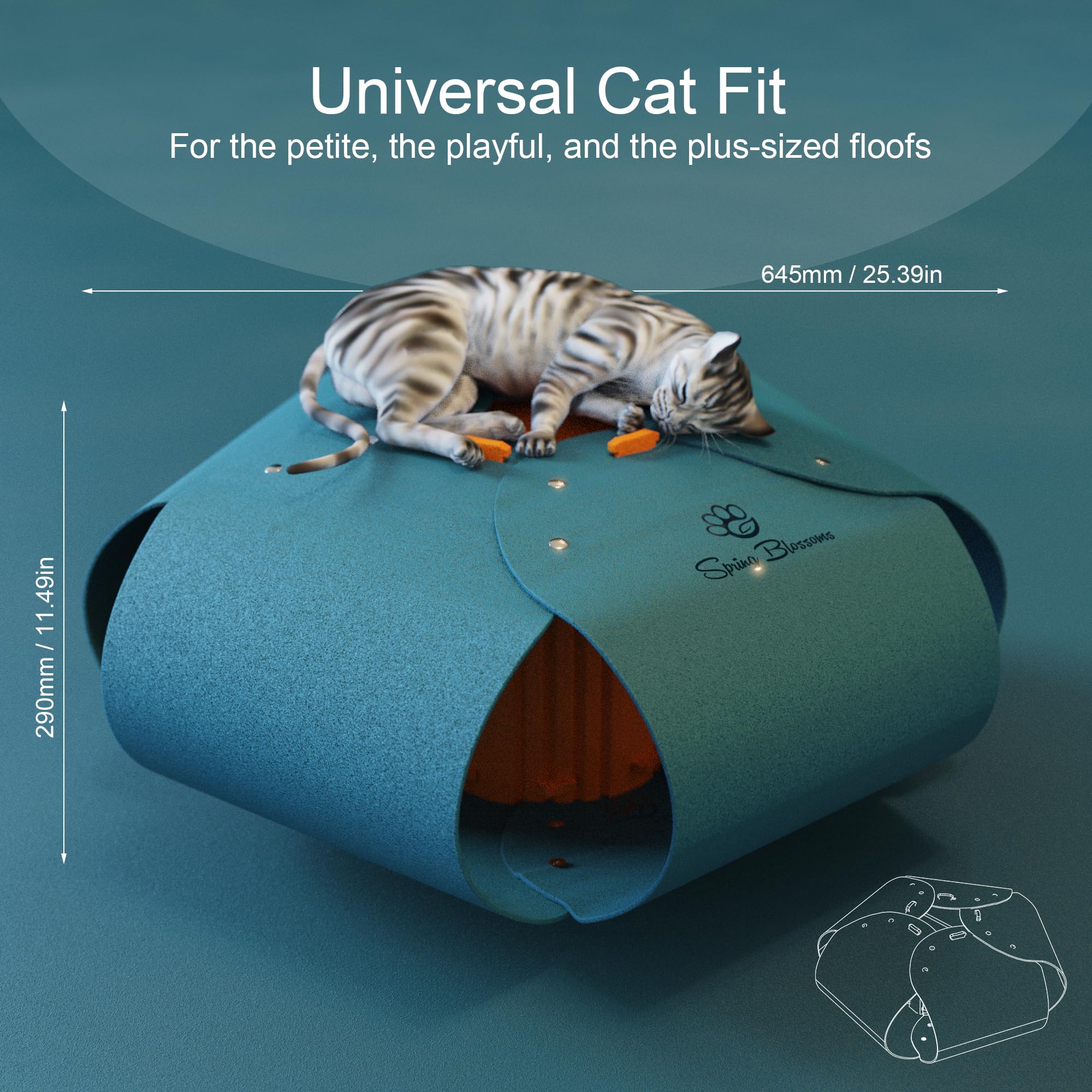 Túnel para gatos de cinco pétalos, cueva para gatos de interior, resistente a los arañazos, juguetes para gatos medianos y grandes de hasta 30 libras (azul pavo real)