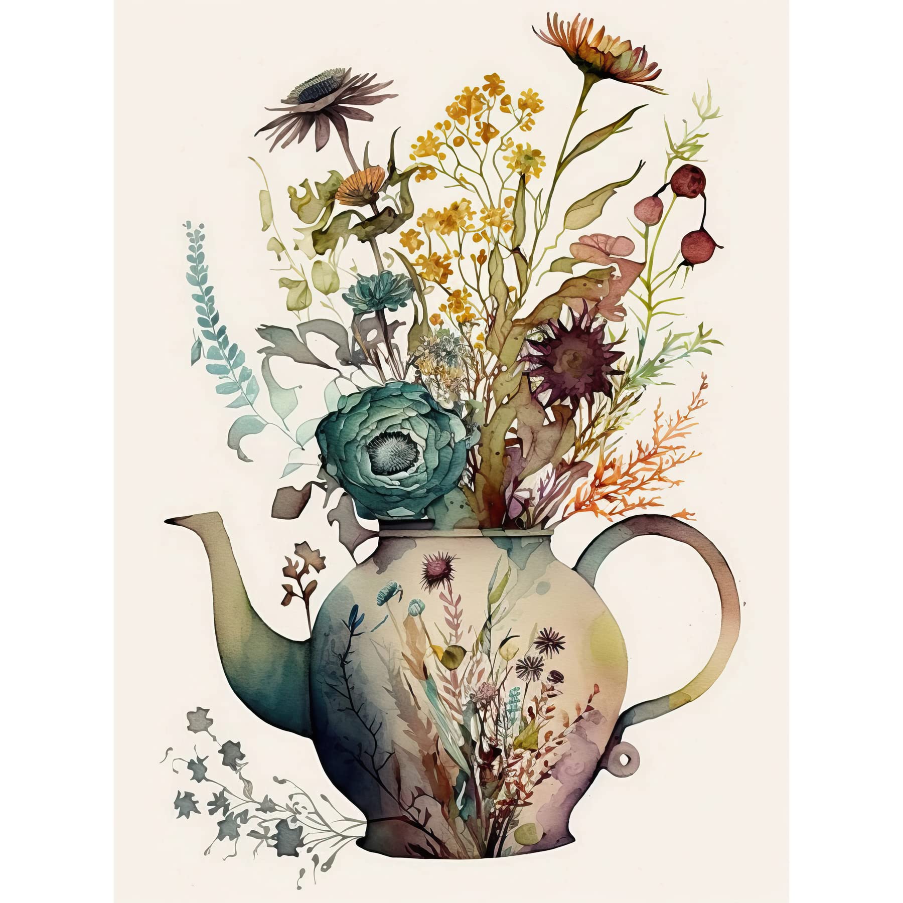 Artery8 Flower Bouquet in a Floral Pattern Ceramic Teapot Unframed Wall Art Print Poster Home Decor Premium