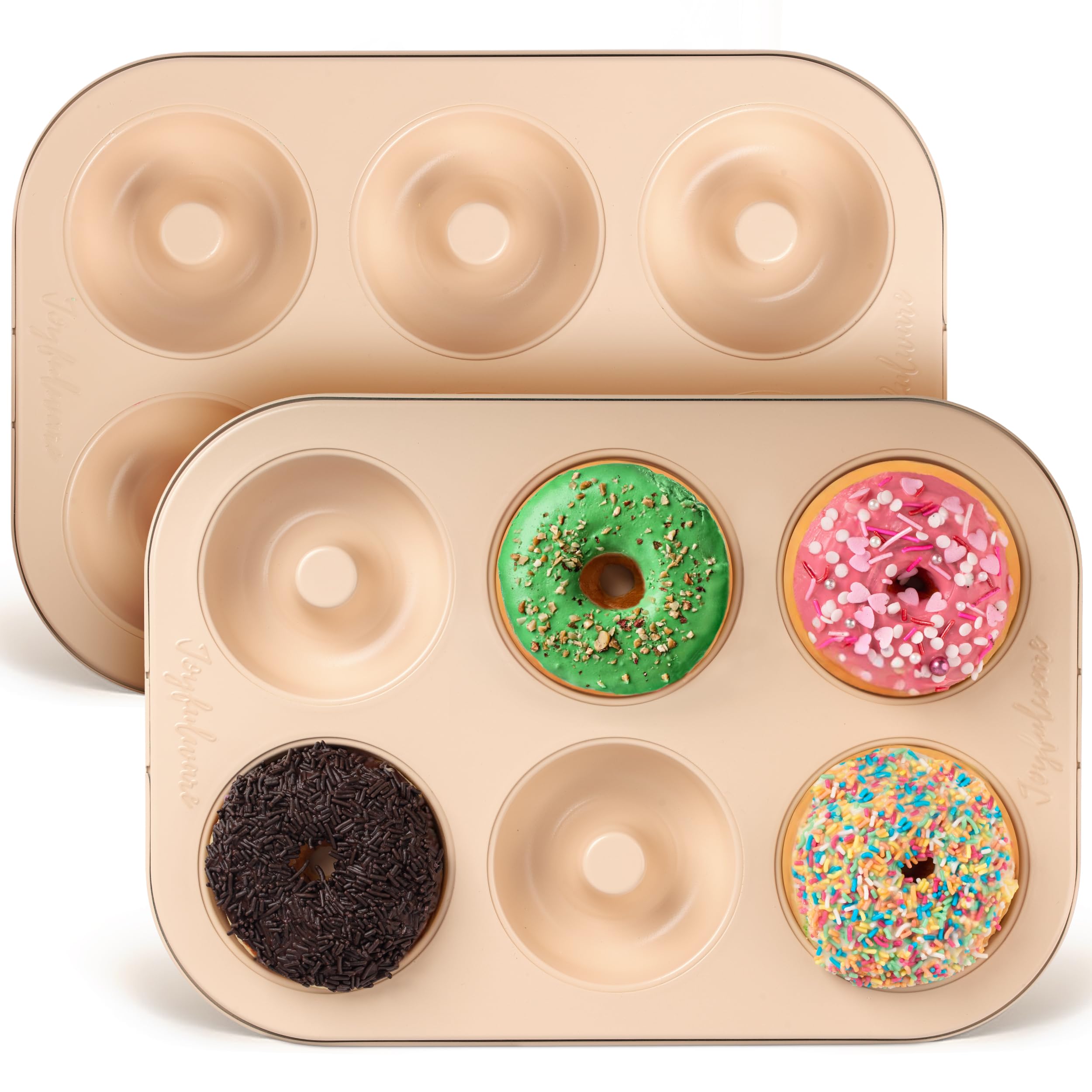 Molde para donas para hornear, juego de 2 moldes antiadherentes para donas, de acero al carbono, 6 cavidades de tamaño completo para hornear, molde para hornear de donas beige a la moda 7