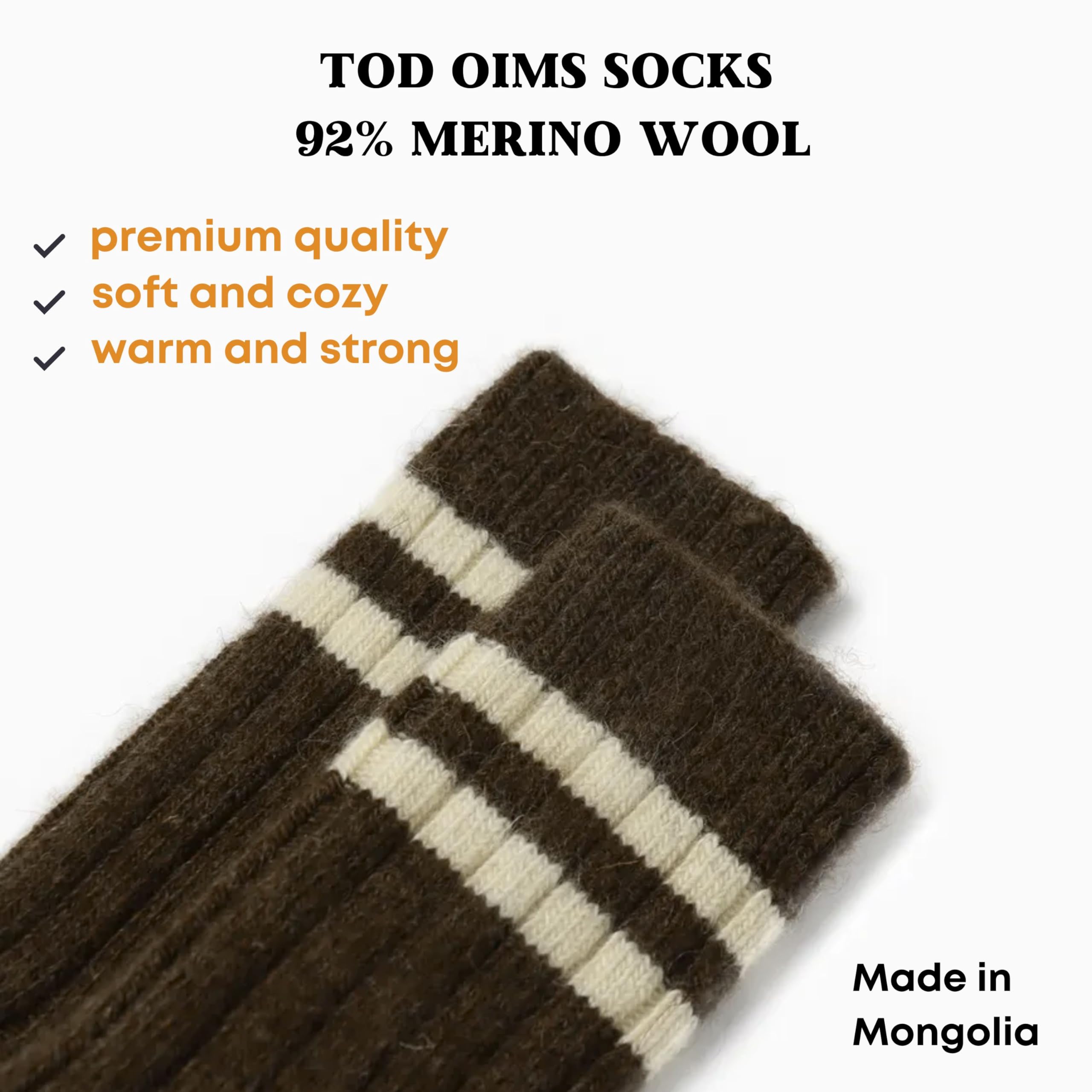 TOD OIMS 92% Merino Wool Socks Crew Thick Travel Hiking Cozy Super- Soft Breathable Socks, Brown, Crew Medium 7-10 US, 100% Made in Mongolia, 2 Pairs