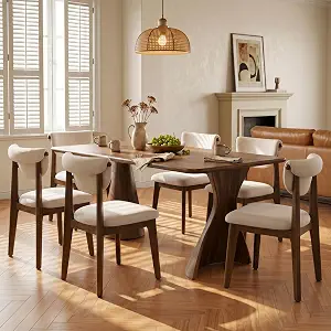 Dining Chairs Set of 6, Solid Rubberwood Kitchen Chairs with Lumbar Support and High Back, Breathable Cotton Fabric Seat, Mid-Century Modern Style, Beige