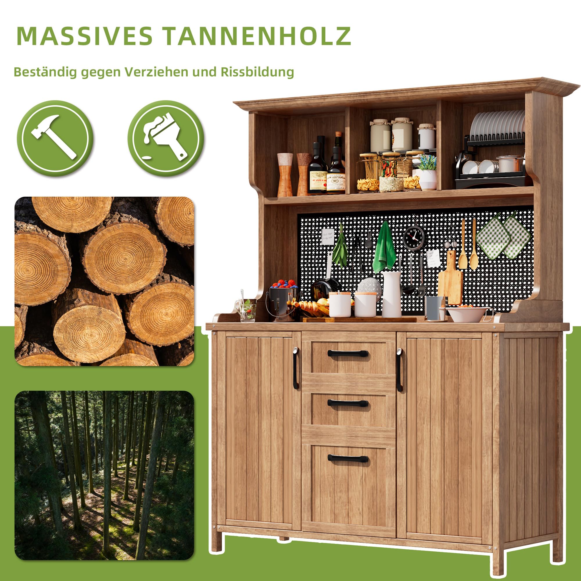Gartenschrank Massivholz wetterfest Grün mit Arbeitsplatte & 2 Schubladen, Outdoor-Geräteschrank für Garten Terrasse Balkon, mit 2 Regalböden & magnetischem Schloss