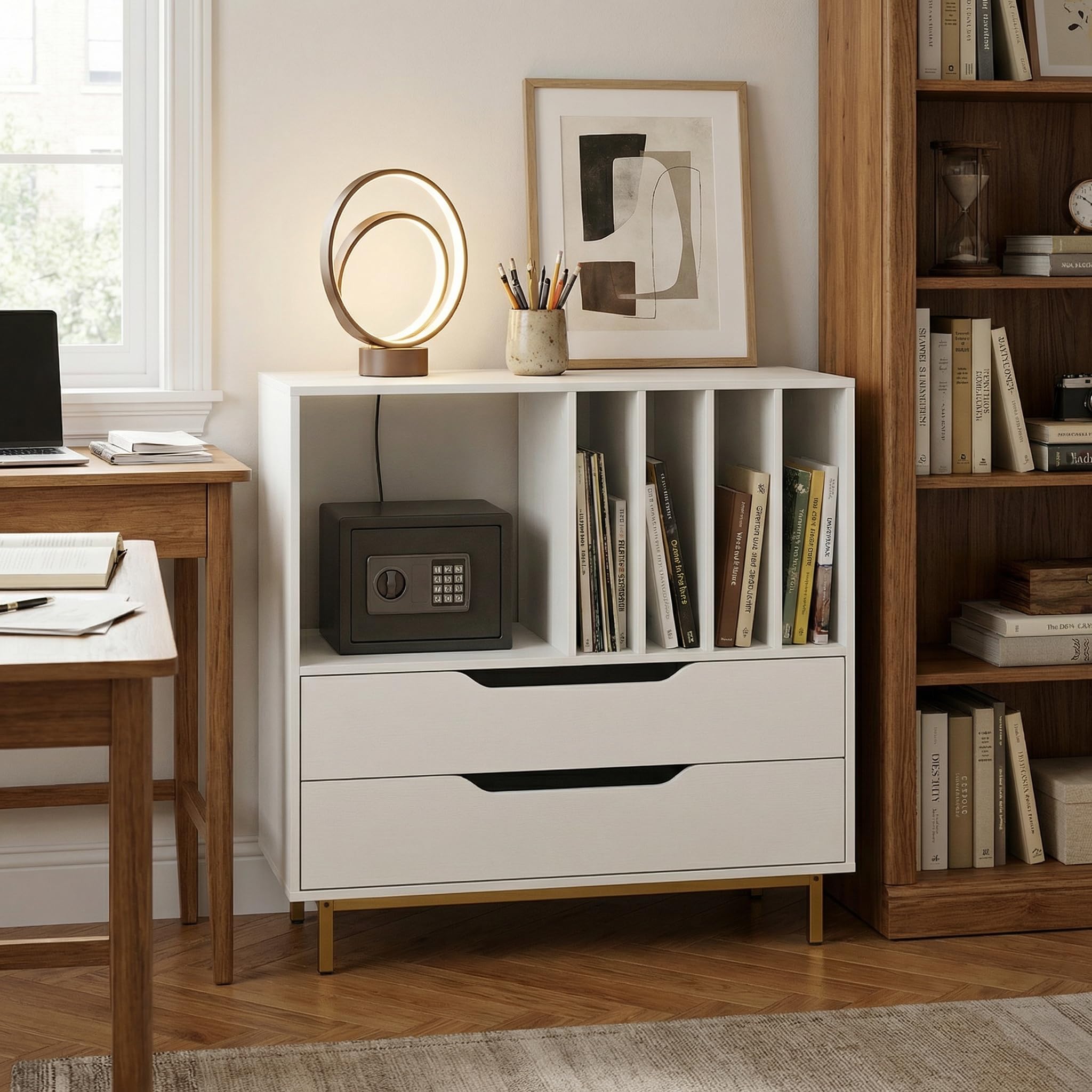 KOMFOTTEU Mueble para Tocadiscos con Compartimento Abierto y 2 Cajones, Soporte de Discos de Vinilo con Patas de Metal, Expositor para Discos para Dormitorio, Salón, Estudio, 91 x 36 x 87 cm (Blanco)