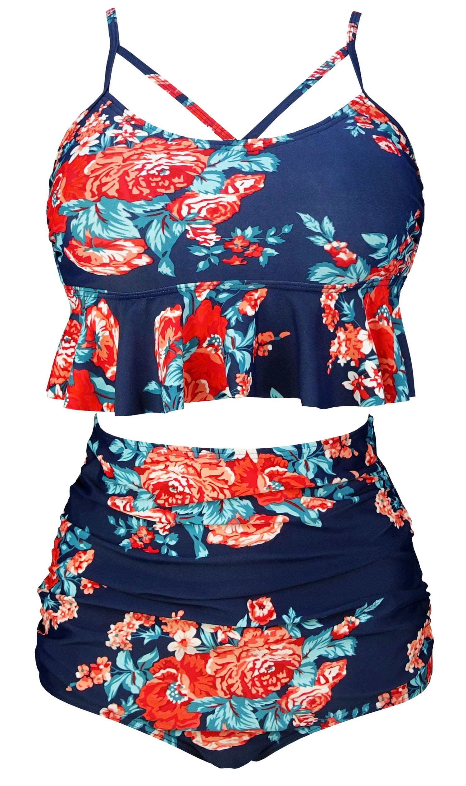 COCOSHIP Women's Retro Boho Flounce Falbala High Waist Bikini Set Chic Swimsuit(FBA)