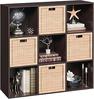9 Cube Storage Organizer Wooden Display Storage Shelf W/5 Removable Back Panels&11 inch Opening Shelf, Customizable Cubby Bookcase Cabinet Bookshelves for Office, Living Room and Bedroom, Dark Brown