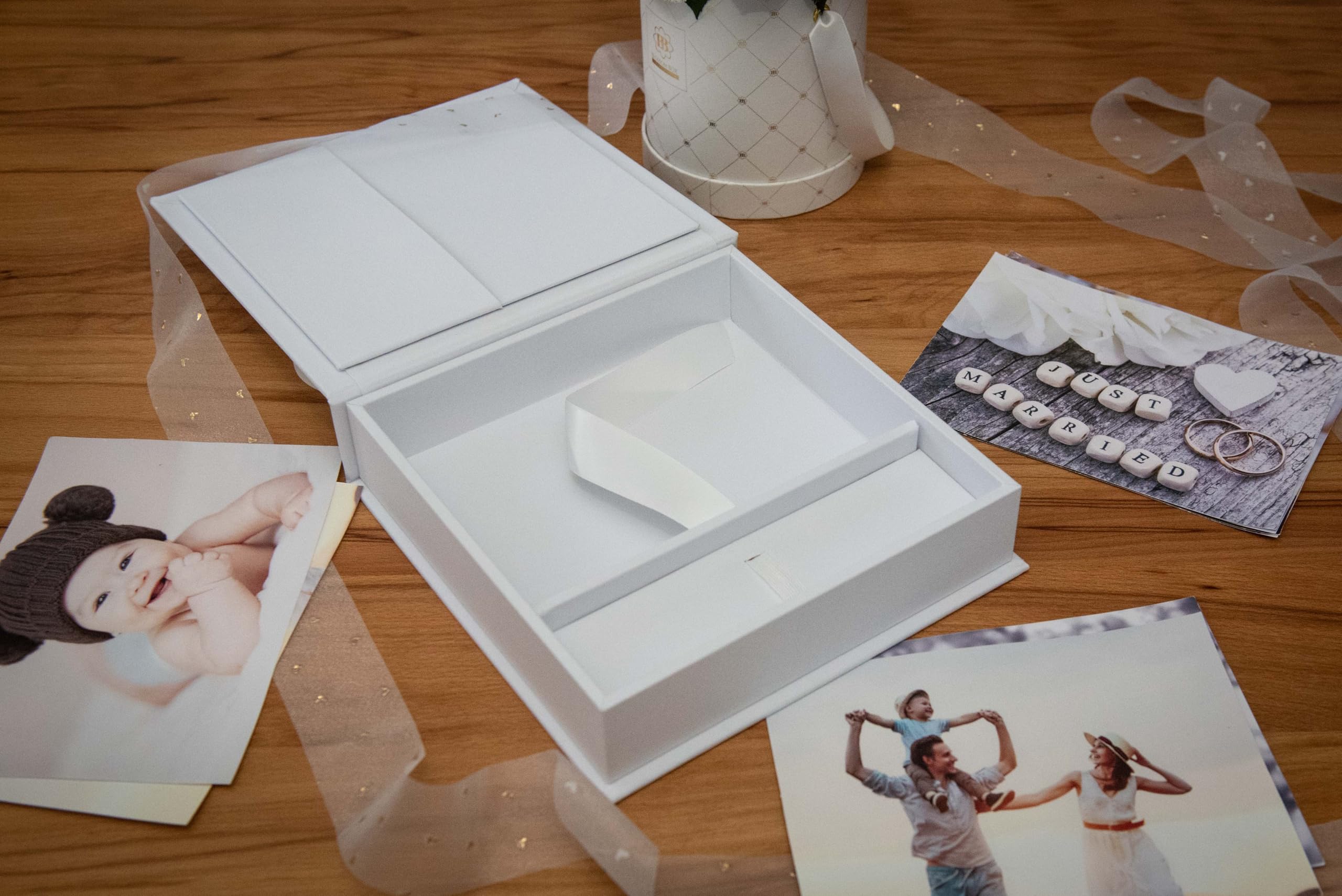 Scatola per foto di nozze con scomparto USB – Scatola ricordi per foto 13 x 18 cm, scatola portaoggetti in lino premium, confezione regalo per matrimoni, compleanni, feste di famiglia e momenti