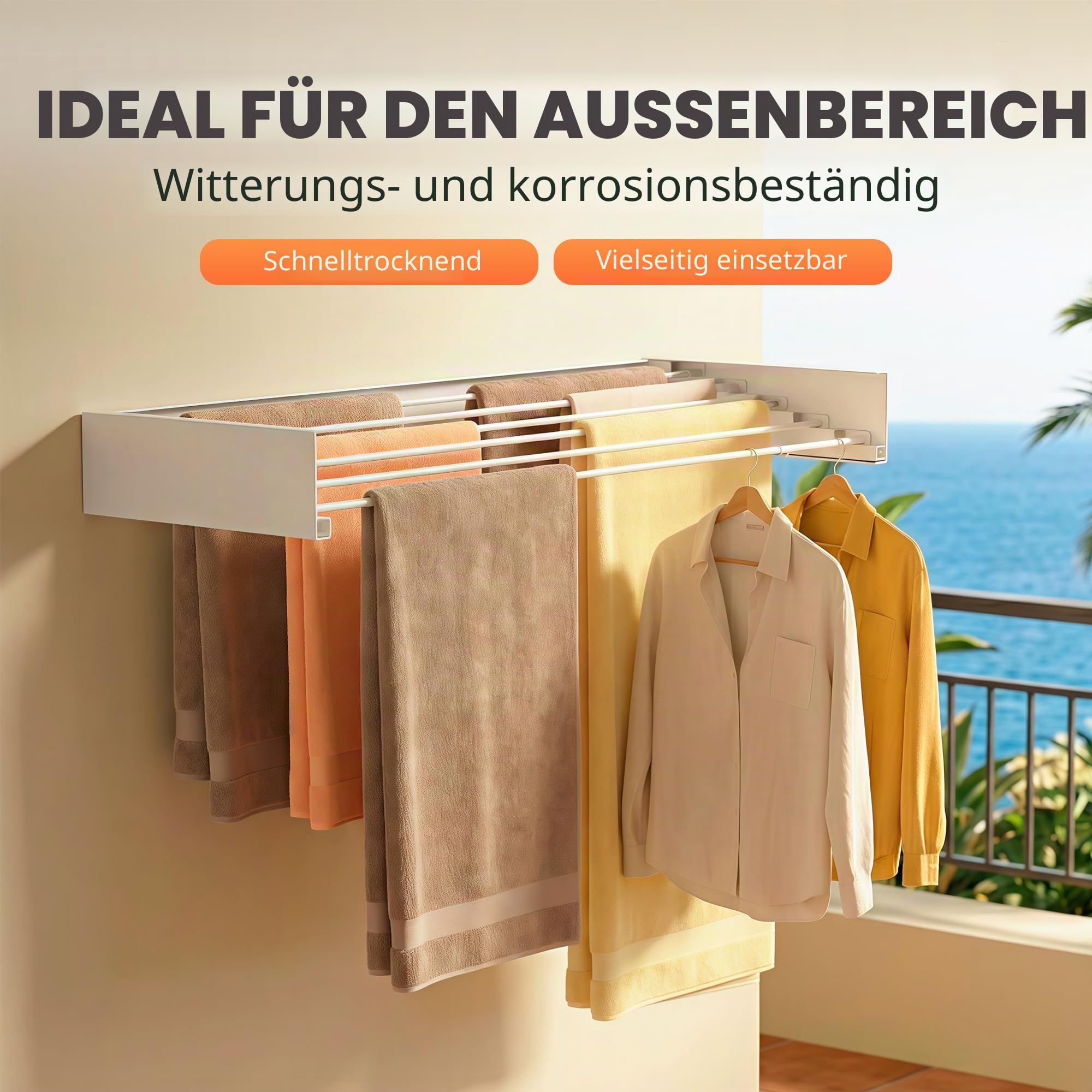 JUPPLIES Wandwäschetrockner Ausziehbar 120 cm – Faltbarer Wäscheständer für Innen & Außen – Platzsparender Wandtrockner aus Aluminium mit 30 kg Tragkraft (Weiß)