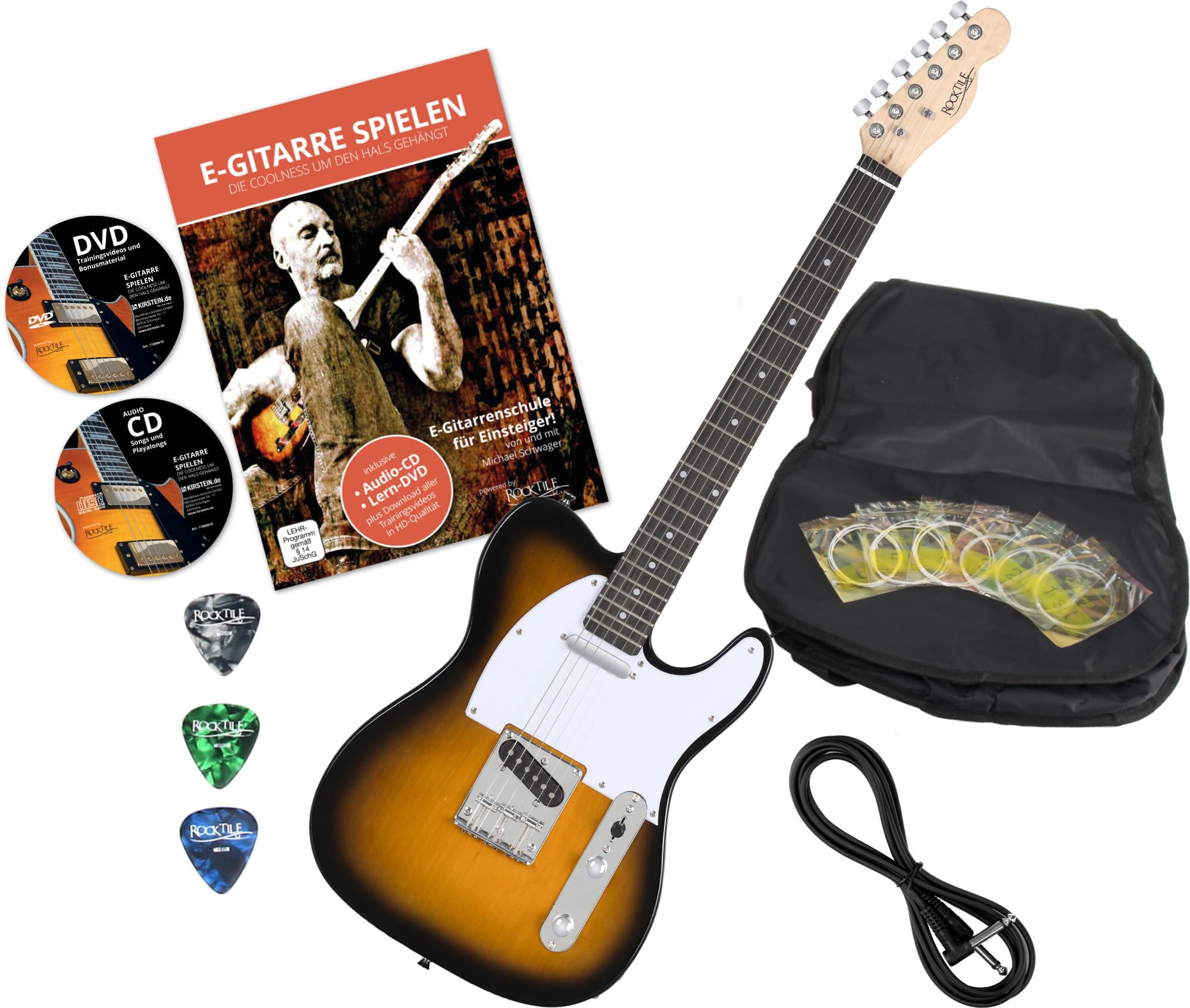Rocktile Pro TL100-SB Guitarra Eléctrica 2-Tone Sunburst Set Con Accesorios | Modelo: TL100-SB, Serie: Pro Classic, Peso: aprox. 3, 6 kg, Número de cuerdas: 6, Orientación: Diestros, Cuerpo: tilo, 3 púas