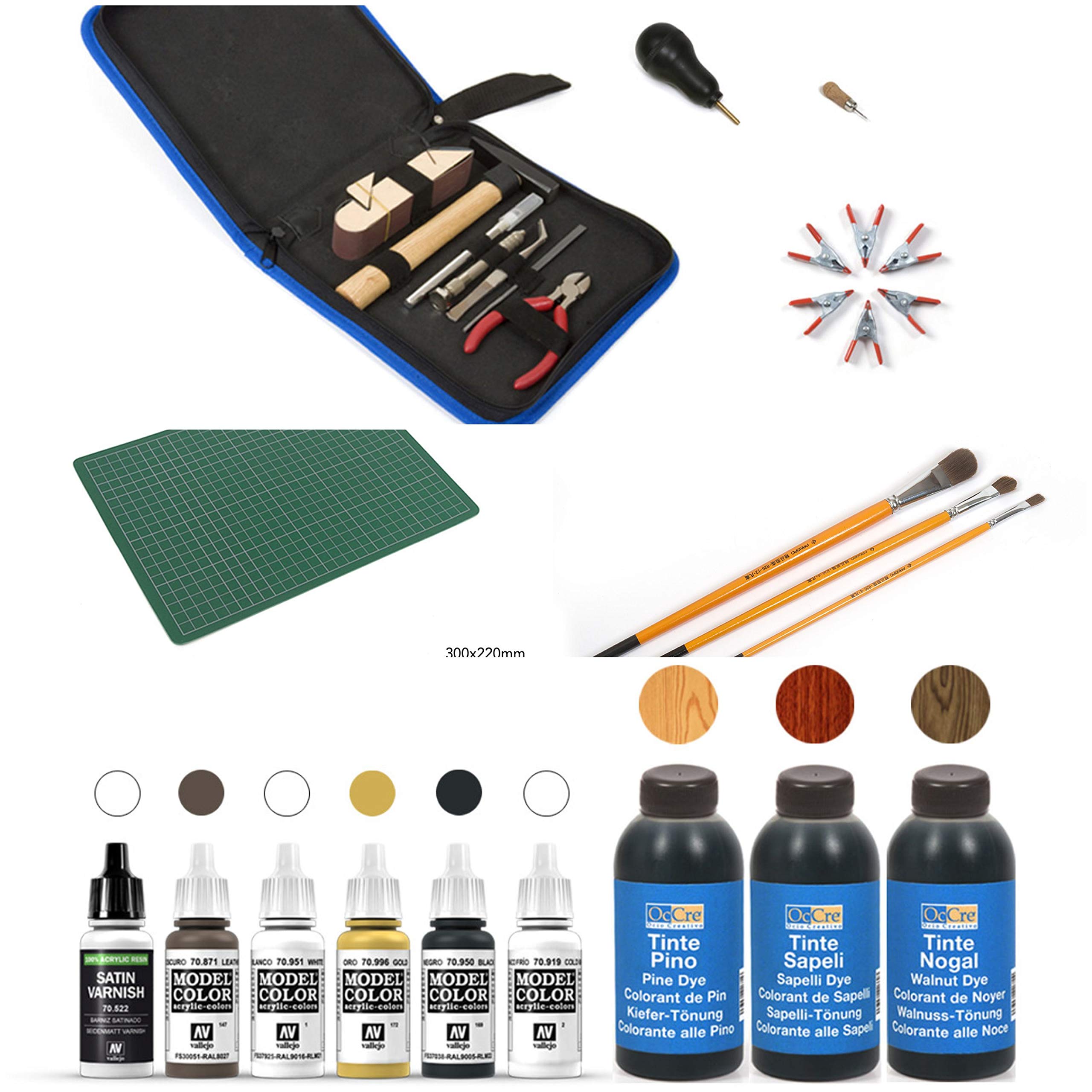 Occre Pack Strumenti Base+PENNELLI+Tappetino da Taglio +Colori per MODELLISMO NAVALE