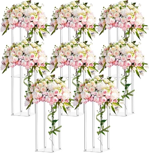 8 Pieces Tall Acrylic Vase Wedding Centerpieces Clear Flower Stand Column Geometric Floral Vase Elegant Display Holder for Birthday Party Wedding Table Decorations (16 Inch)
