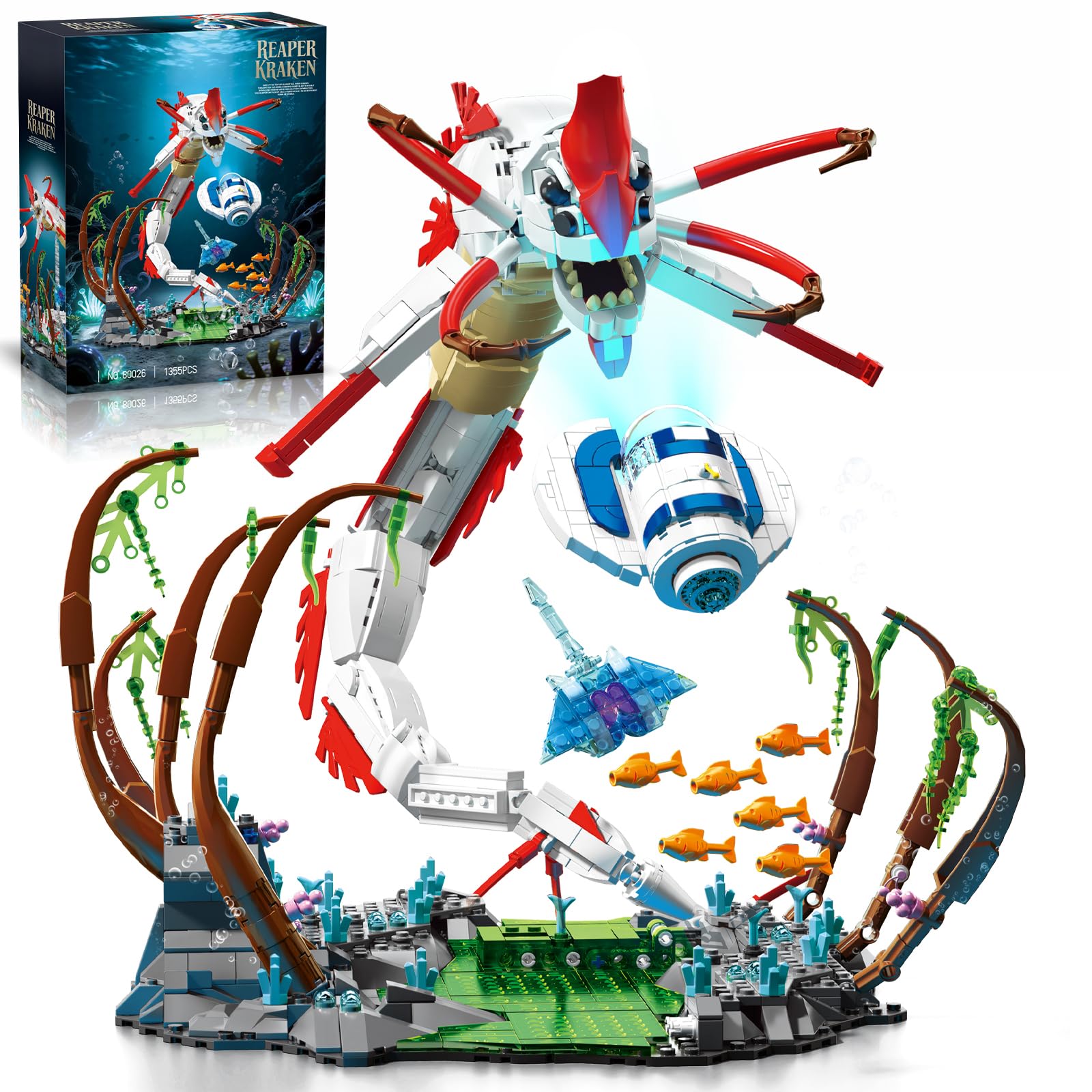 Mechanical Reaper Kraken Building Block Set with Hand Crank Gear Motion, Articulated Body Deep Sea Scene Model Kit for Collectors and Advanced Enthusiasts