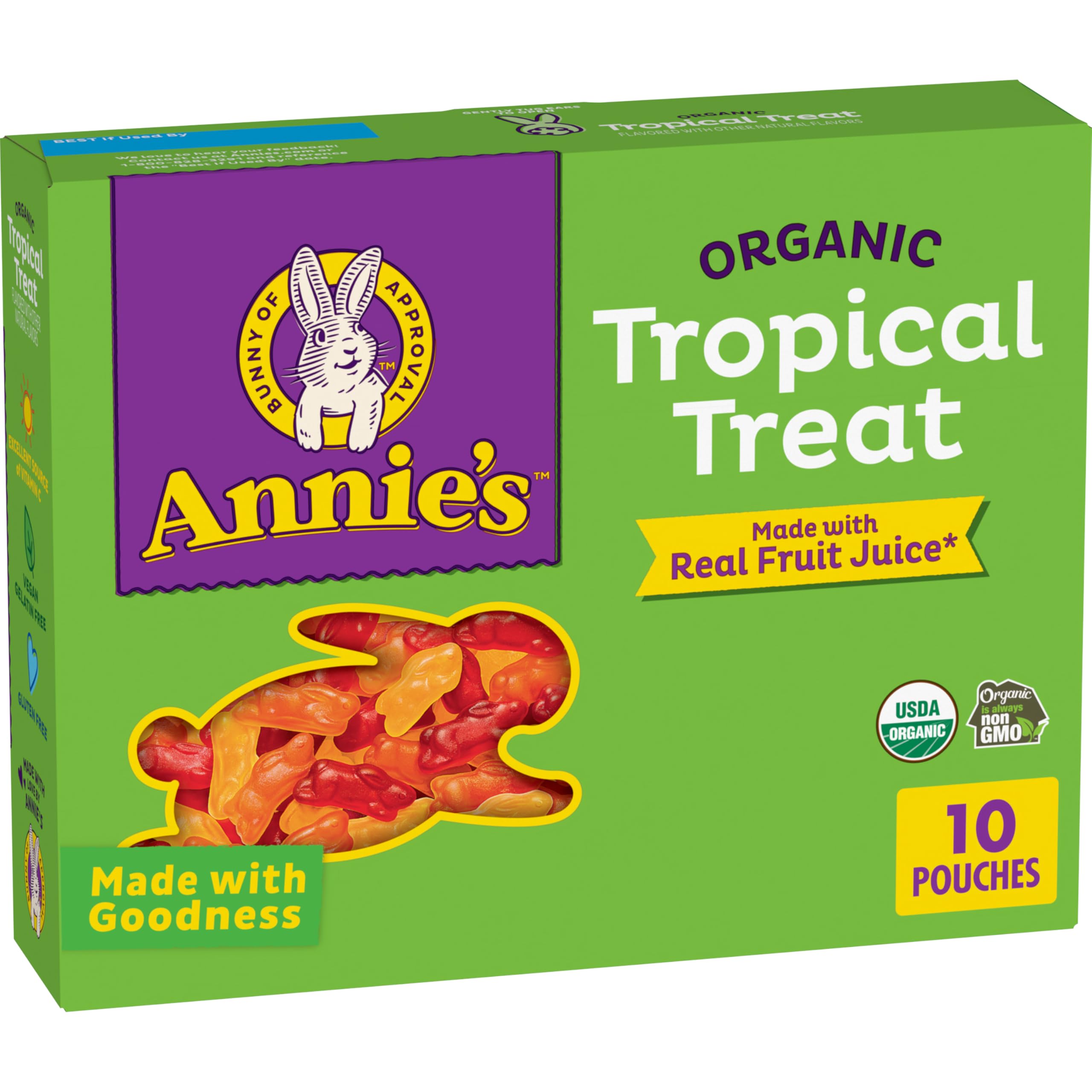 Annie's Organic Bunny Fruit Flavored Snacks, Tropical Treat, Gluten Free, 10 Pouches, 7 oz