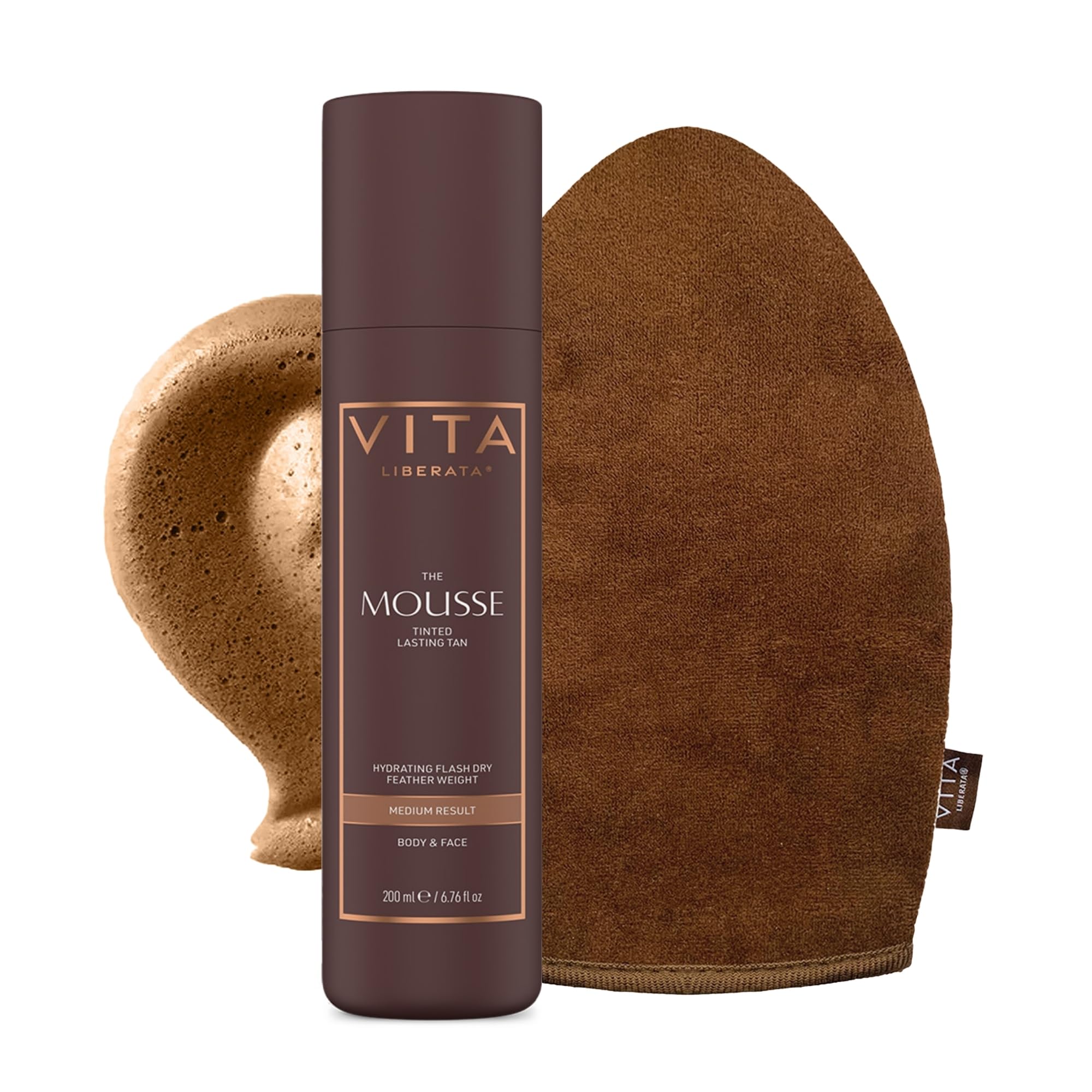 VITA LIBERATA, Tinted Tanning Mousse Medium 200ml & Mitt Bundle, Fast Drying Formula, Tinted for even & streak-free application, Natural & Organic Ingredients, Tanning Mitt for Flawless Application