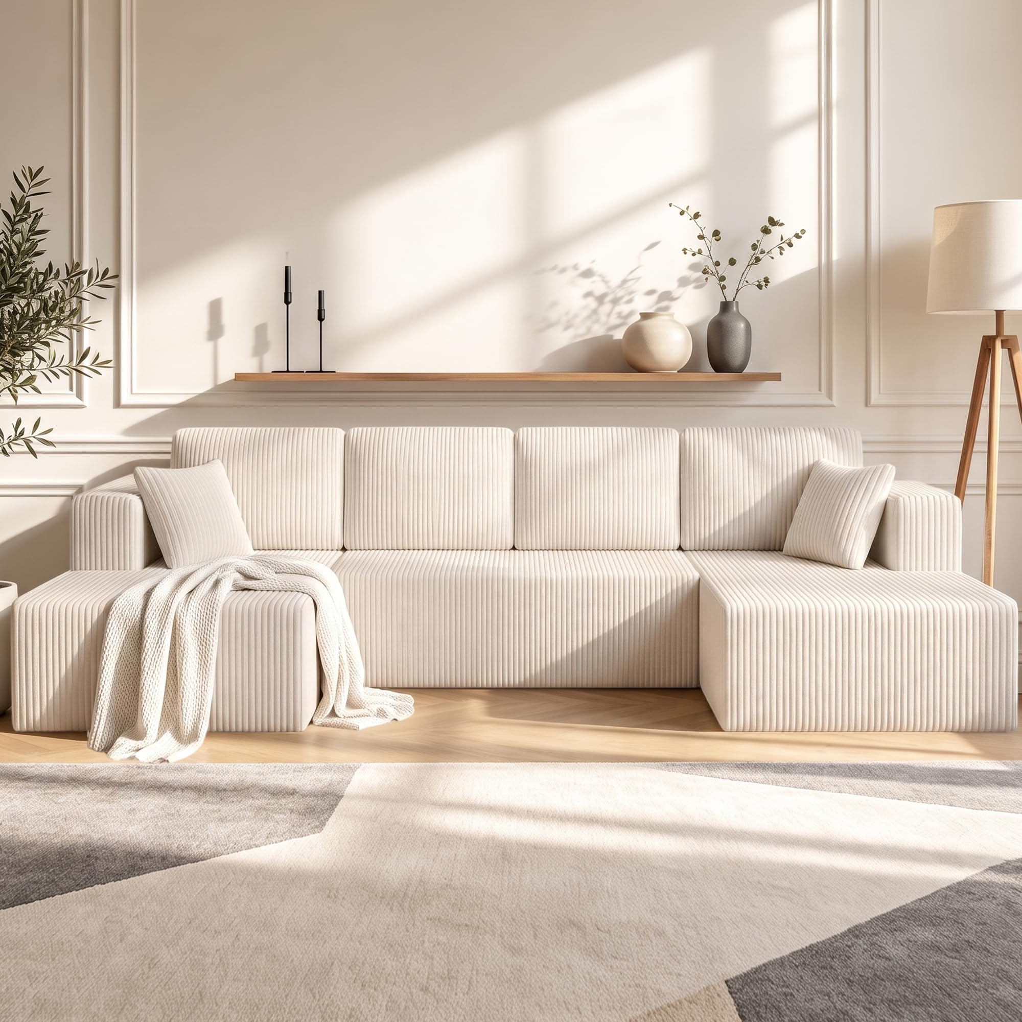130" Boneless Couch U-Shaped Sectional Sofa, Beige