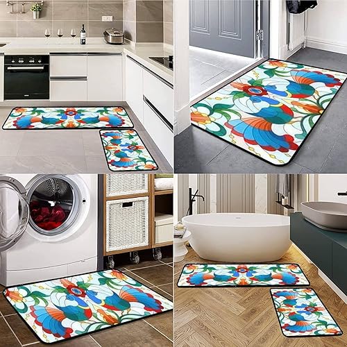 Miniatura 3 de Kitchen Rugs Set Stained Glass Style a Pair Abstract Birds a Light Horizontal Image Kitchen Mat for Floor Non-Slip Washable Kitchen Runner Doormat