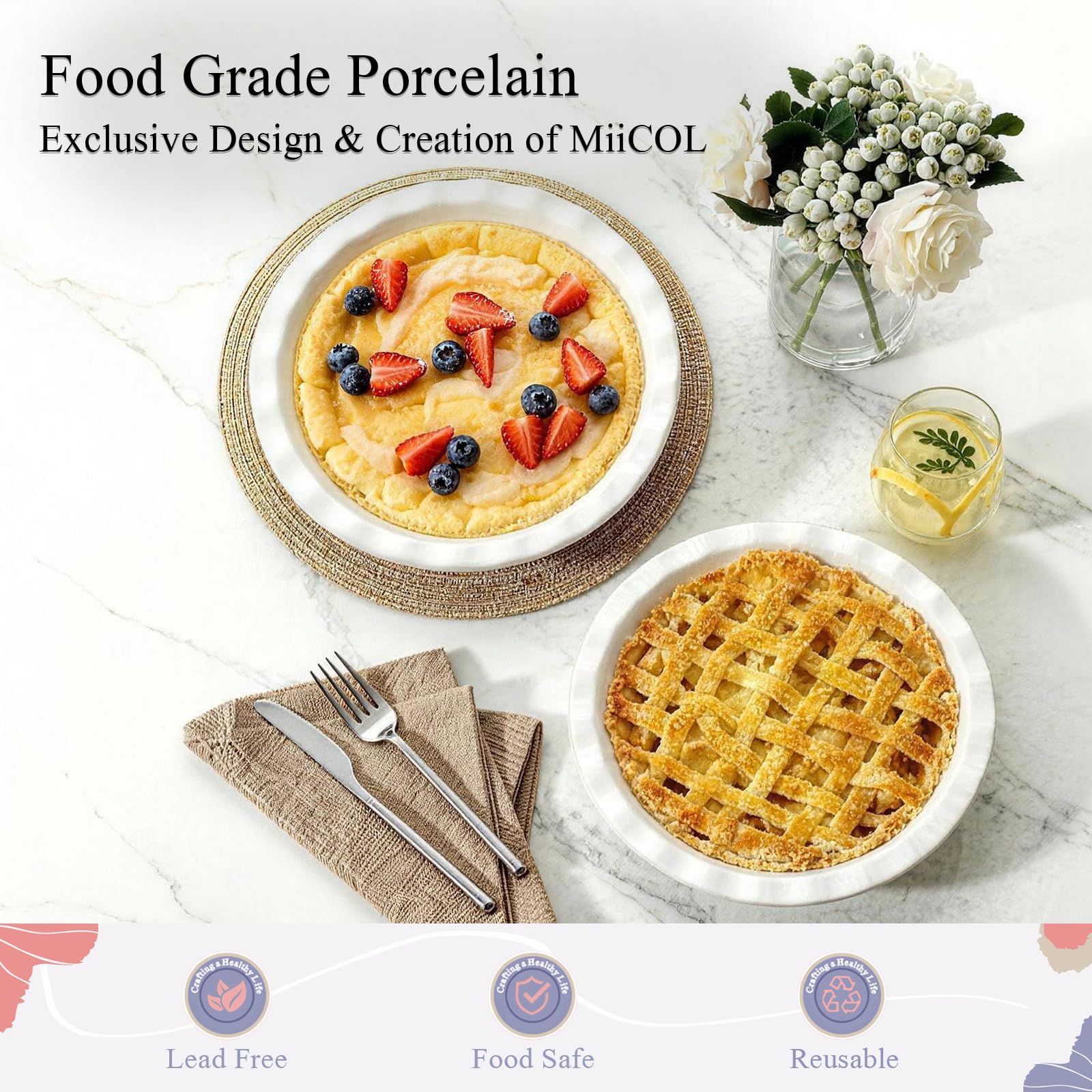 Miicol Plat à Tarte Céramique 23 cm, Moule à Quiche Profond Blanc 2 pièces