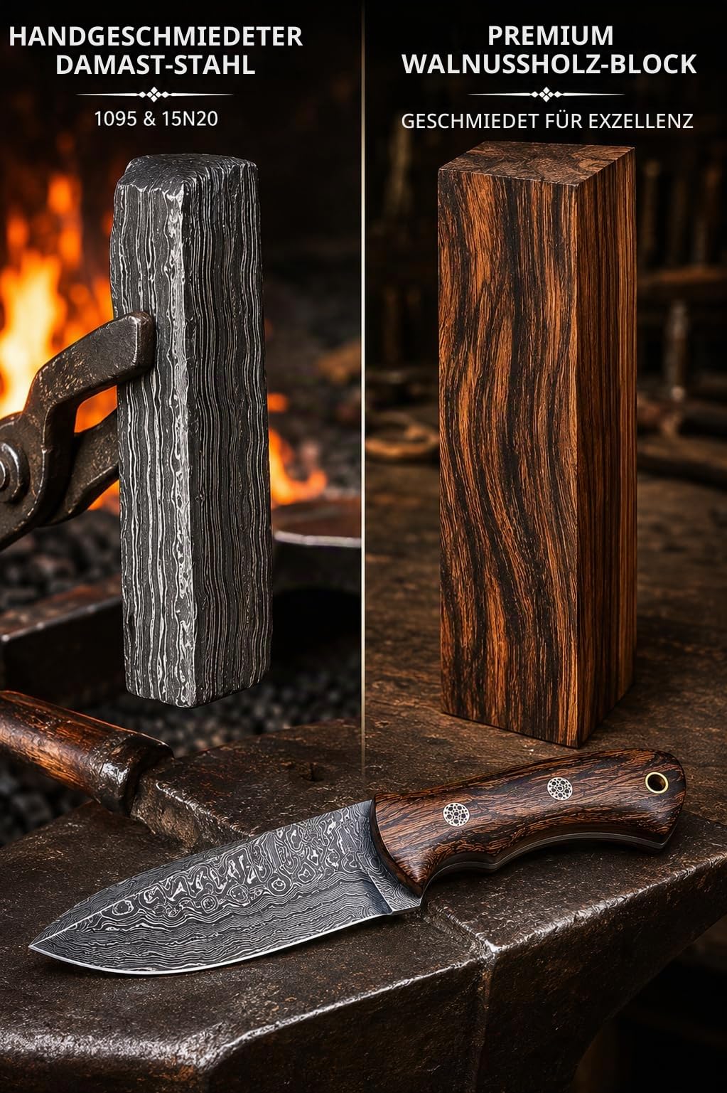 Premium Handgefertigtes Damaststahl Jagdmesser mit Walnussholzgriff – 22,86 cm Feststehendes Survival- & Bushcraft-Messer mit Echtlederscheide – Camping, Häuten, Outdoor, Taktisches Geschenk für Männe