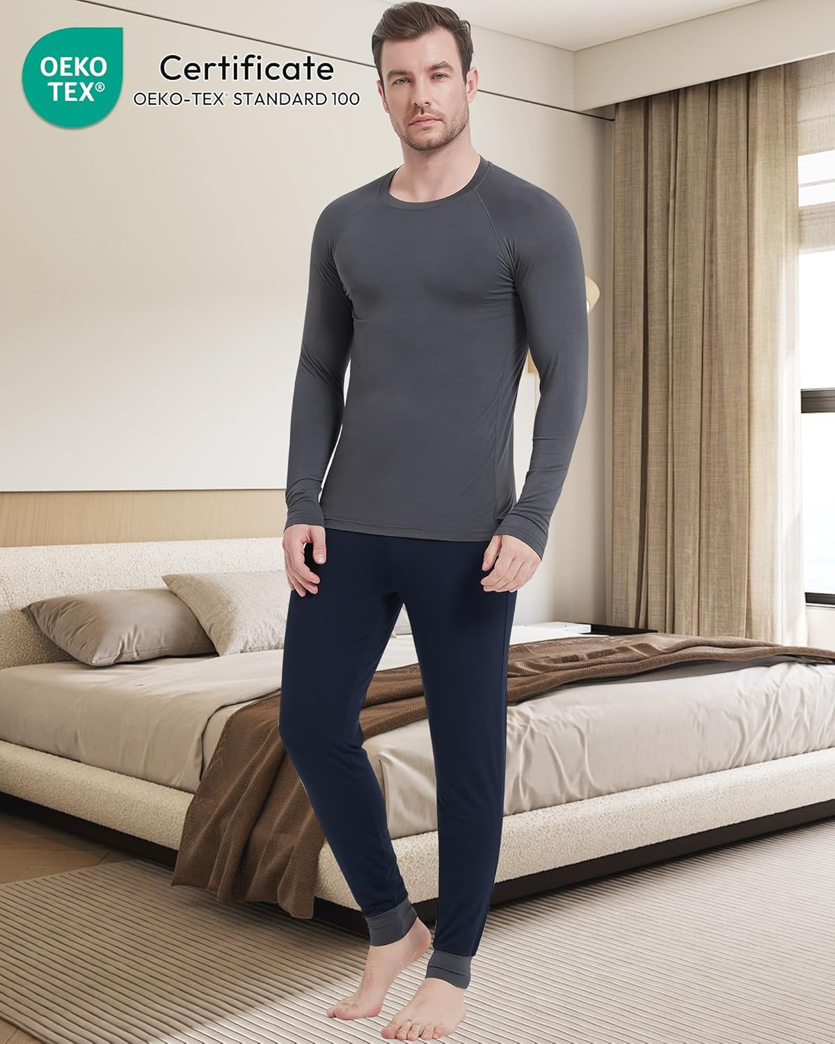 NACHILA Men's Pajamas-Viscose Made from Bamboo,Long Sleeve Pjs Soft Pants Pajama Sets Stretchy Sleepwear with Pockets - Image 2