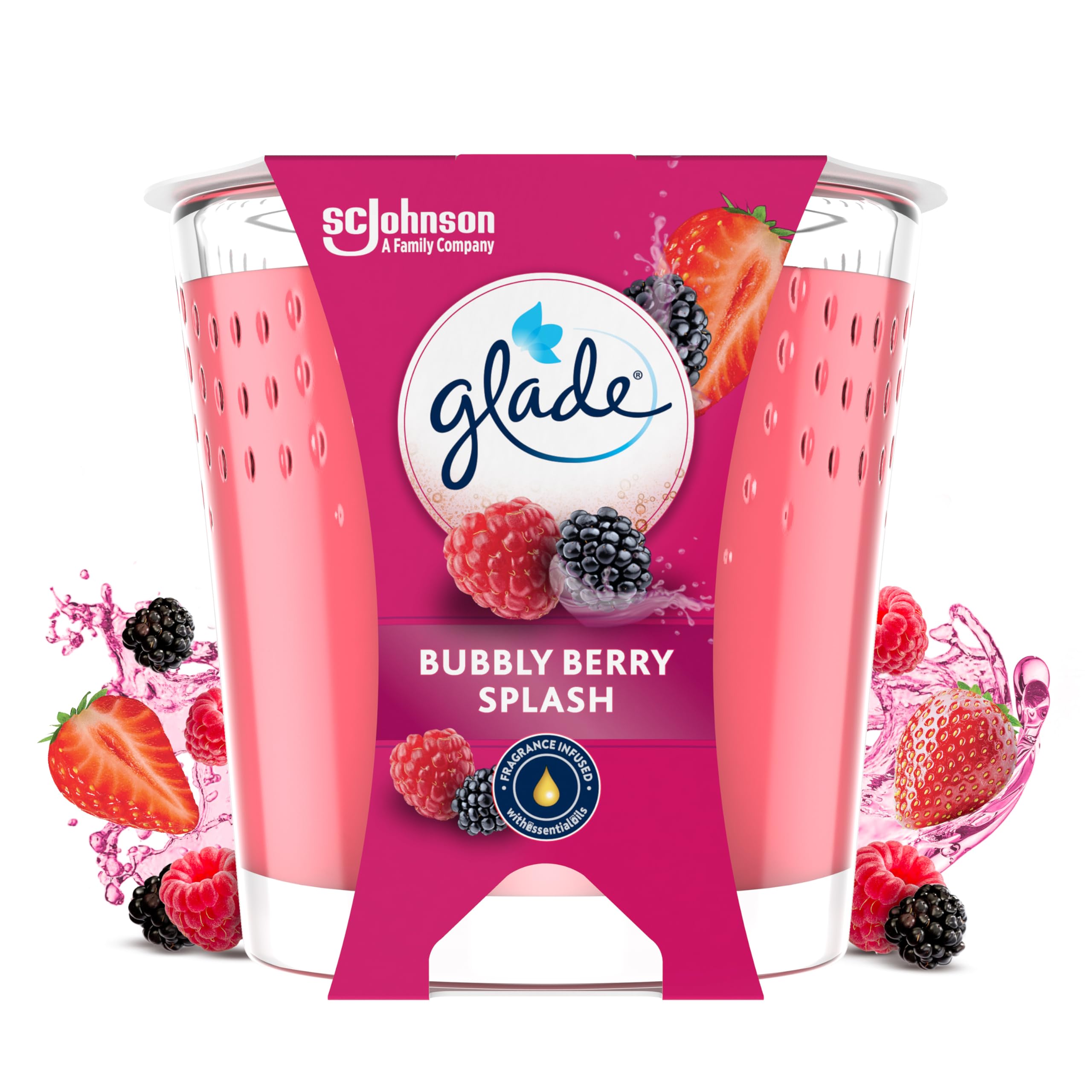 Glade Vela Perfumada, Fragancia Bubbly Berry Splash, Infusionada con Aceites Esenciales, Vegana, Aroma de 30 Horas, 1 Vela