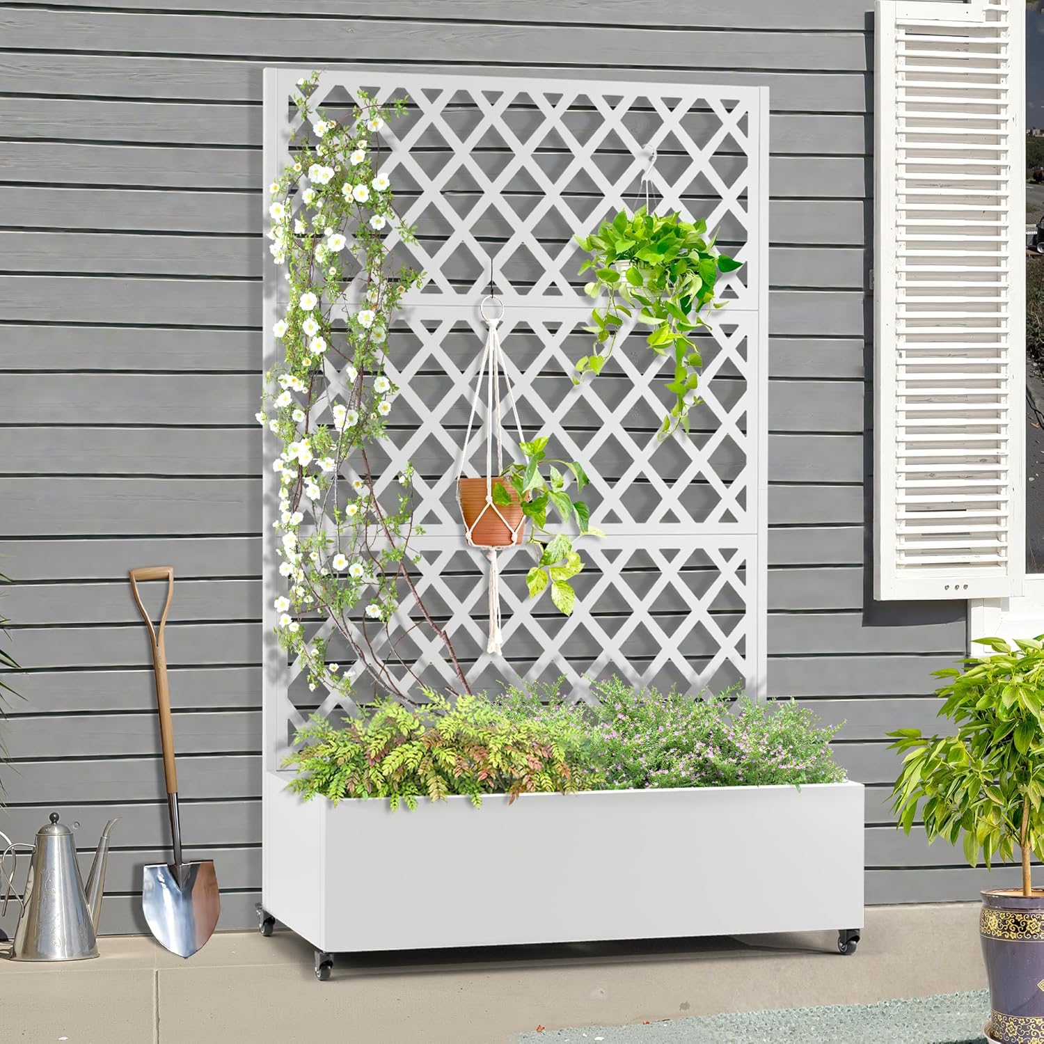 FENCY Metal Planter Box with Diamond Lattice Trellis Planter Box for Climbing Plants/Vines, Galvanized Raised Garden Bed On Wheels, Garden Bed with Trellis(73"x47" White)