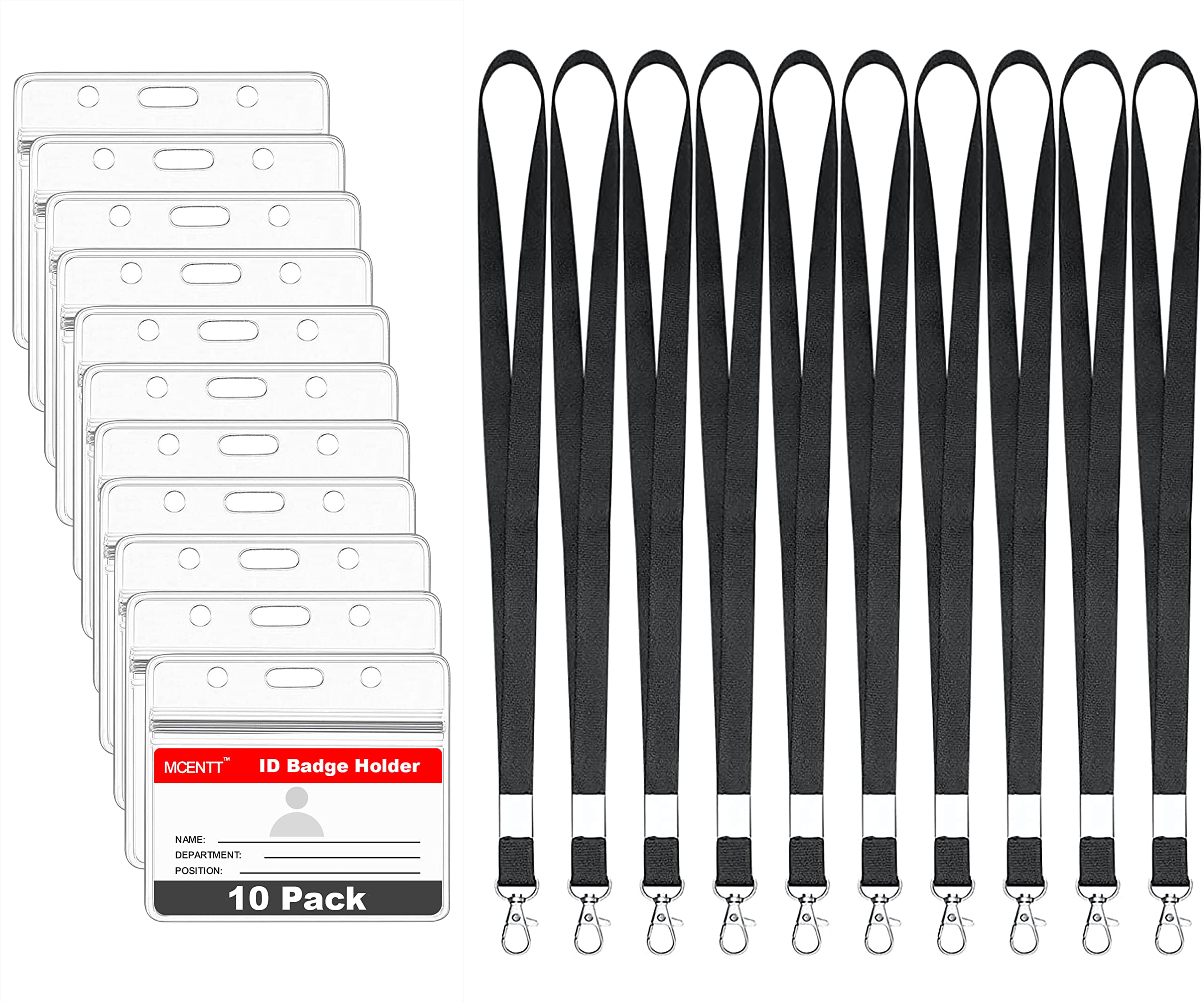 MCENTT 10 Pcs Premium Clear Lanyard with Badge Holder For ID Card, Sealable Waterproof Clear Plastic Holder with Neck Lanyard Swivel J-Hook Clip for Access, Business, School, Office (Horizontal)