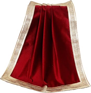 Indian Consigners Solid Red Velvet Cloth With Golden Shinny Border, Aasan Pooja Puja Cloth Poojan Table Cloth Holy Cloth