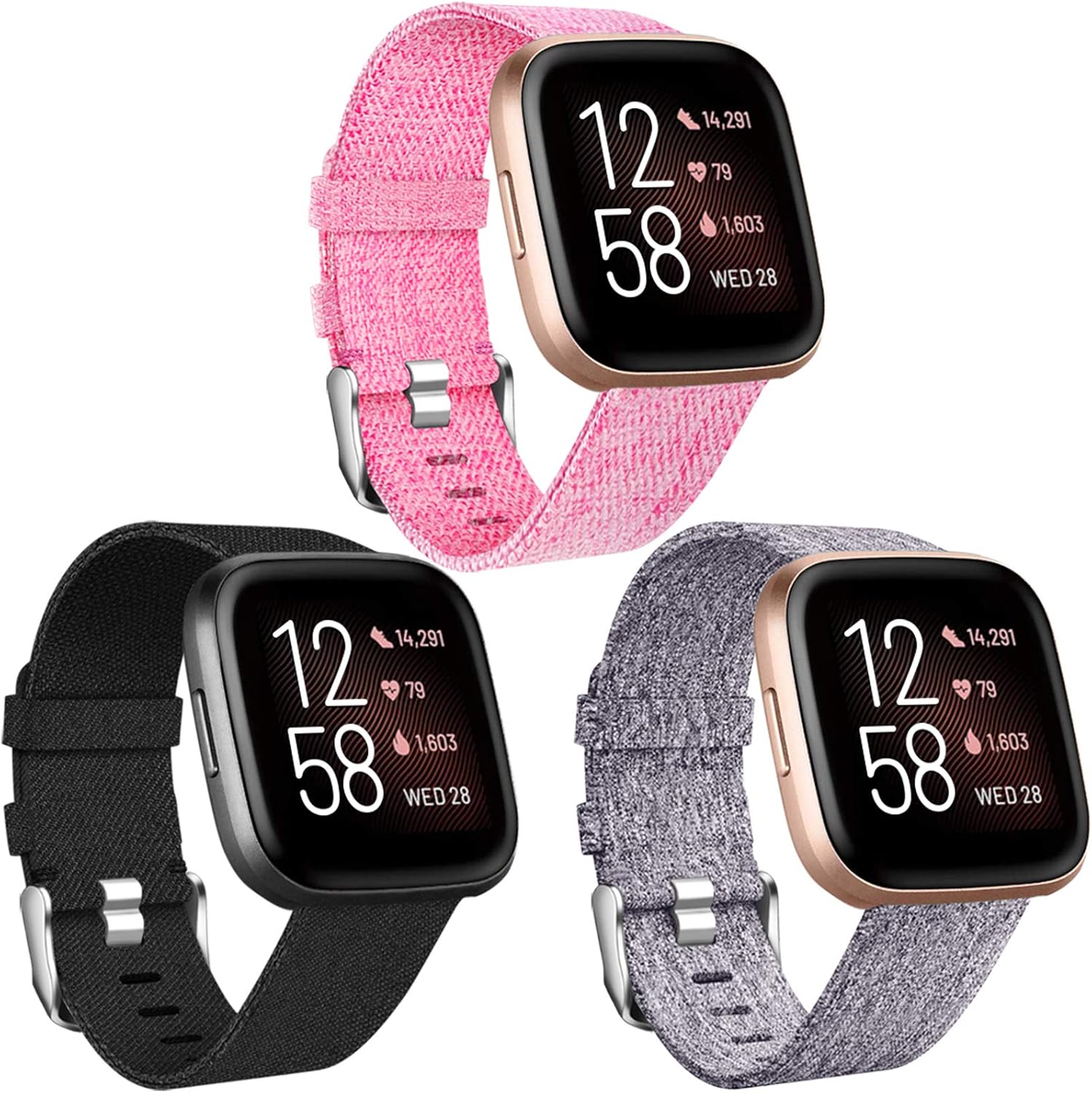 Maledan Bands Compatible with Fitbit Versa/Versa 2/Versa Lite Women Men, Breathable Woven Fabric Strap Replacement Band for Versa Smart Watch, Small, 3 Pack Black/Light Gray/Pink