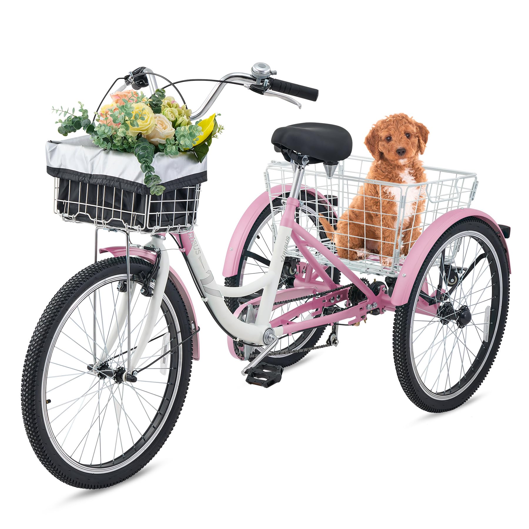Viribus Adult Tricycle, Tricycle for Adults 7 Speed with Front & Rear Removable Wheeled Baskets, 3 Wheel Bikes for Adults 26 inch, Adult Tricycles for Women Men, Trike for Adults 400 lb. Rosy White