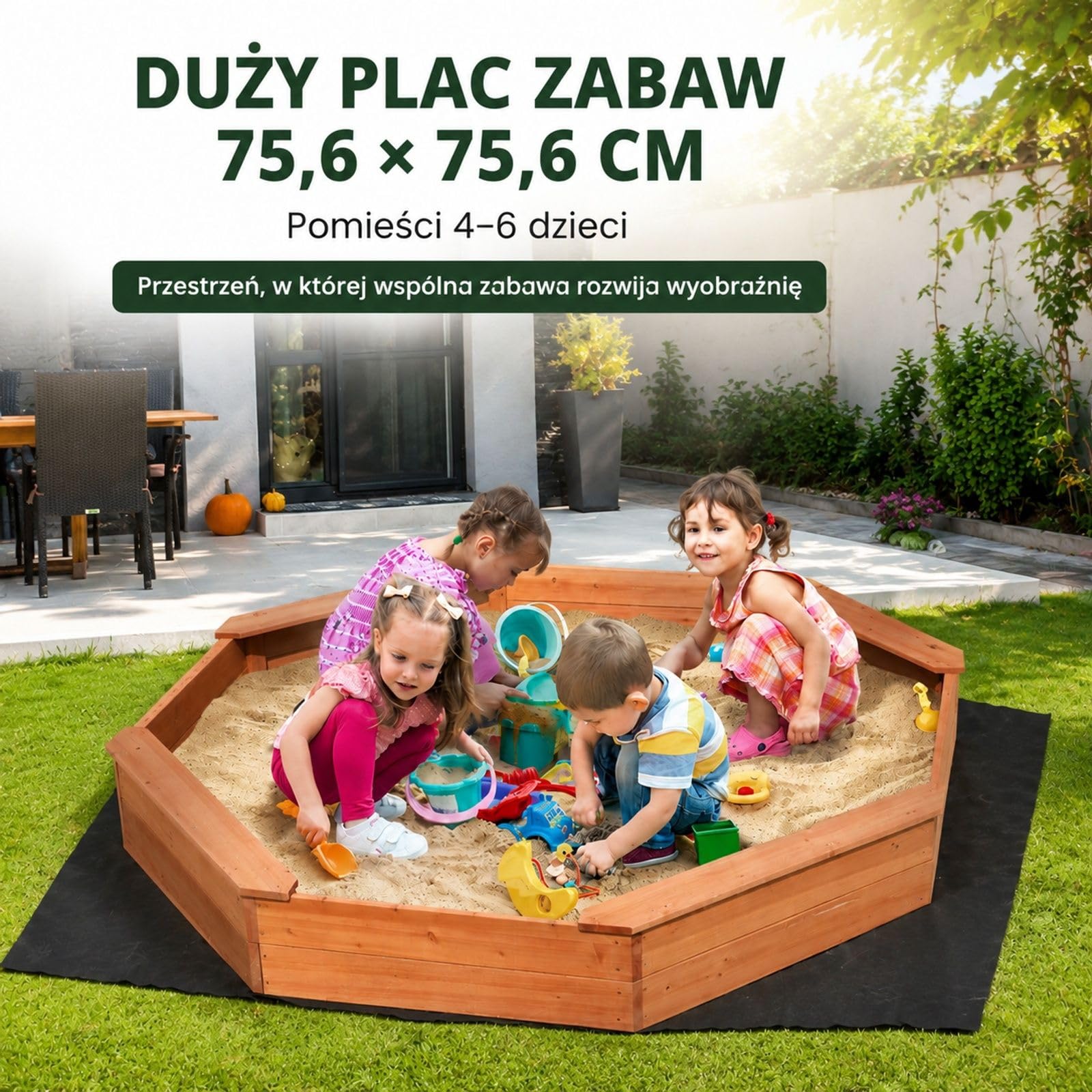 Drewniana piaskownica z pokrywą, ośmiokątna piaskownica, piaskownica z 4 siedziskami i wykładziną podłogową, piaskownica dla dzieci do ogrodu, prezent dla chłopców i dziewczynek w wieku 3-12 lat