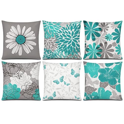 Teal Grey Throw Pillow Covers 16x16 Set of 6, Spring