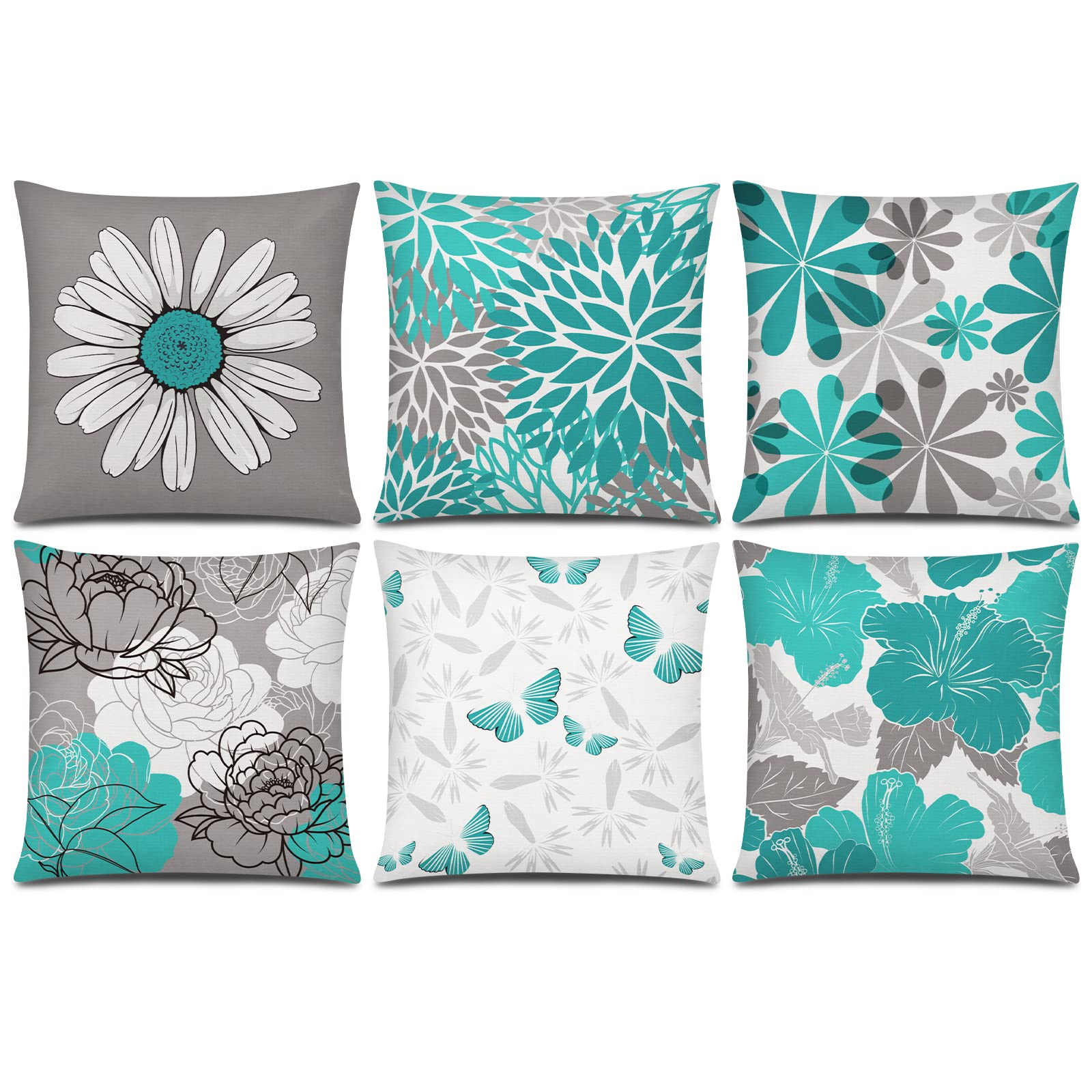 COMMINY Teal Grey Pillow Covers 18x18 Set of 6 Decorative Daisy Flower Throw Pillow Cover for Couch Modern Turquoise Pillow Case for Patio Living Room Cushion Bed Farmhouse Home Decor