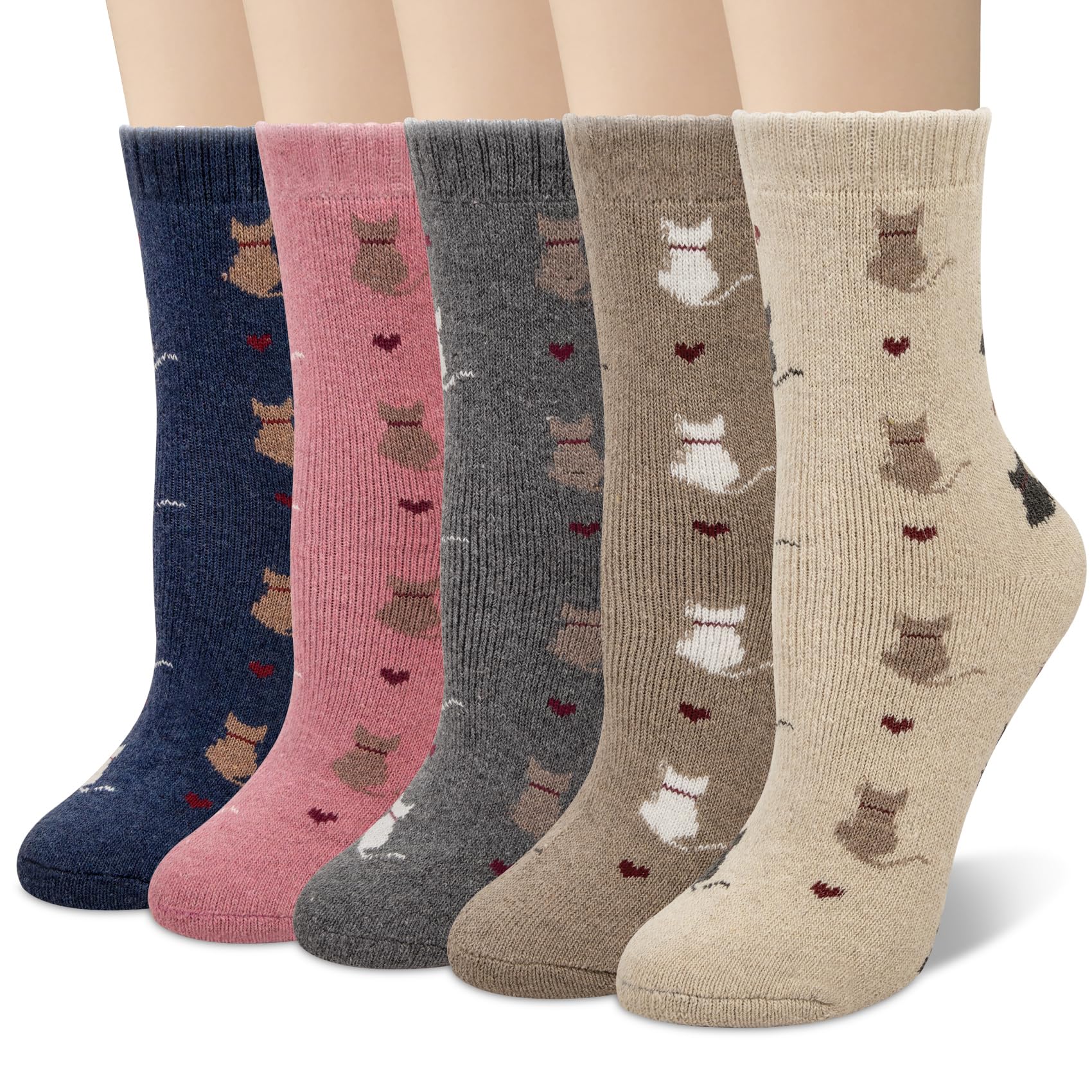 Justay 5 Pairs Womens Wool Socks Thick Warm Winter Socks Casual Cozy Socks Vintage Knit Crew Socks Gift for Women