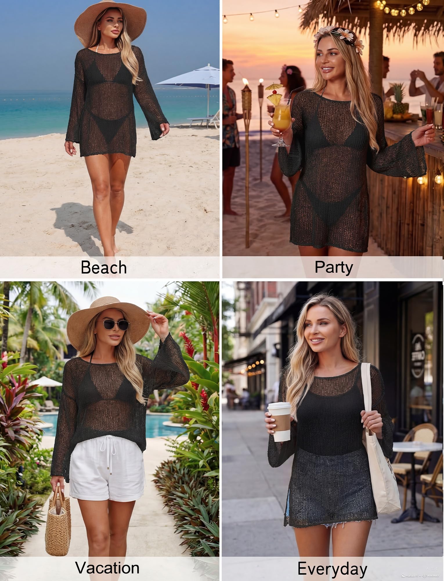 Panegy Couverture de Maillot de Bain pour Femmes Tricot Manches Longues vêtements de Plage Crochet Creux Bikini Haut Robe de Vacances d'été