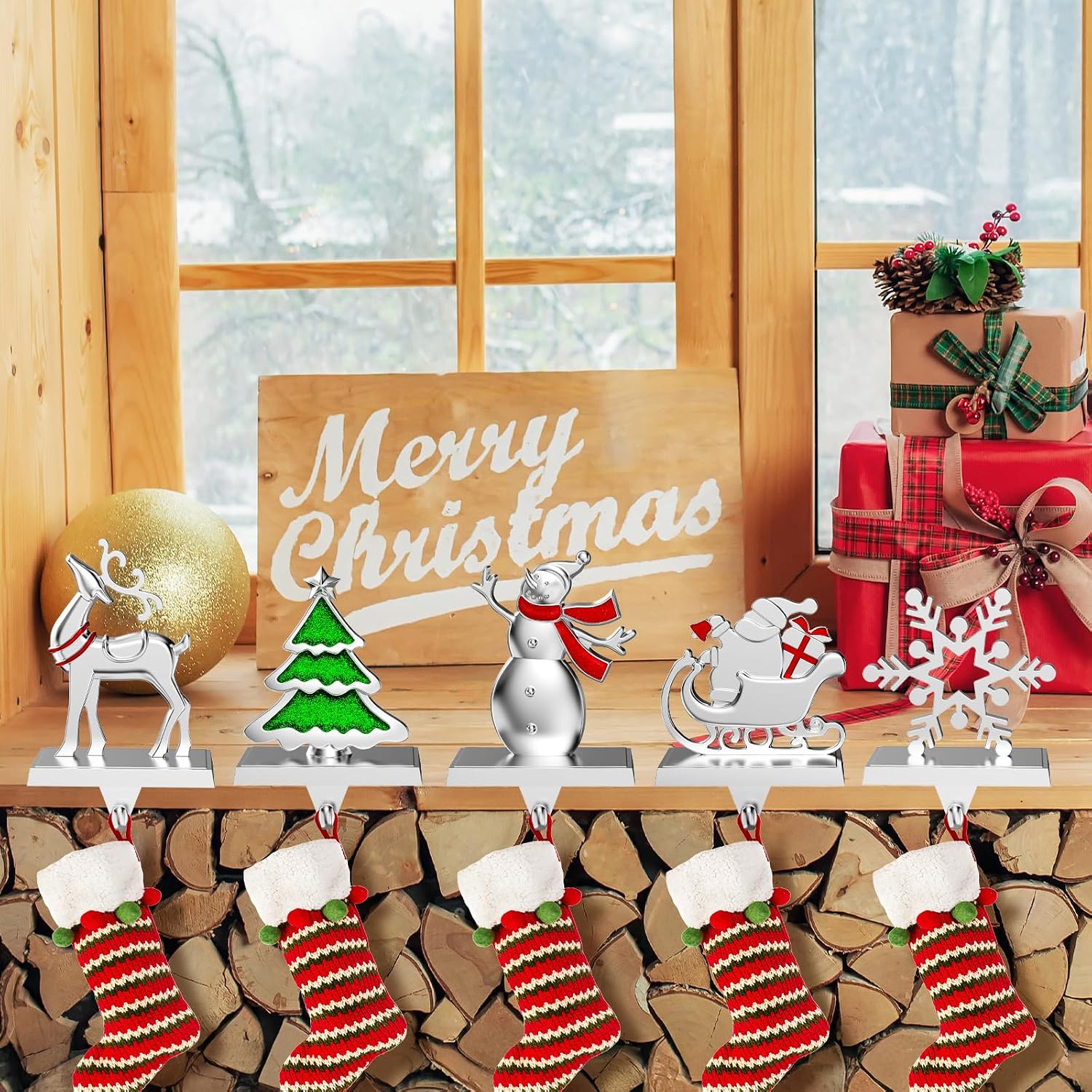 6 Pack Christmas Stocking Holders for Mantle Stockings Hanger | Set of 6, Snowflake Snowman Tree Deer Reindeer Heavy Weighted Hooks for Mantel Fireplace Windows Indoor Decorations Silver
