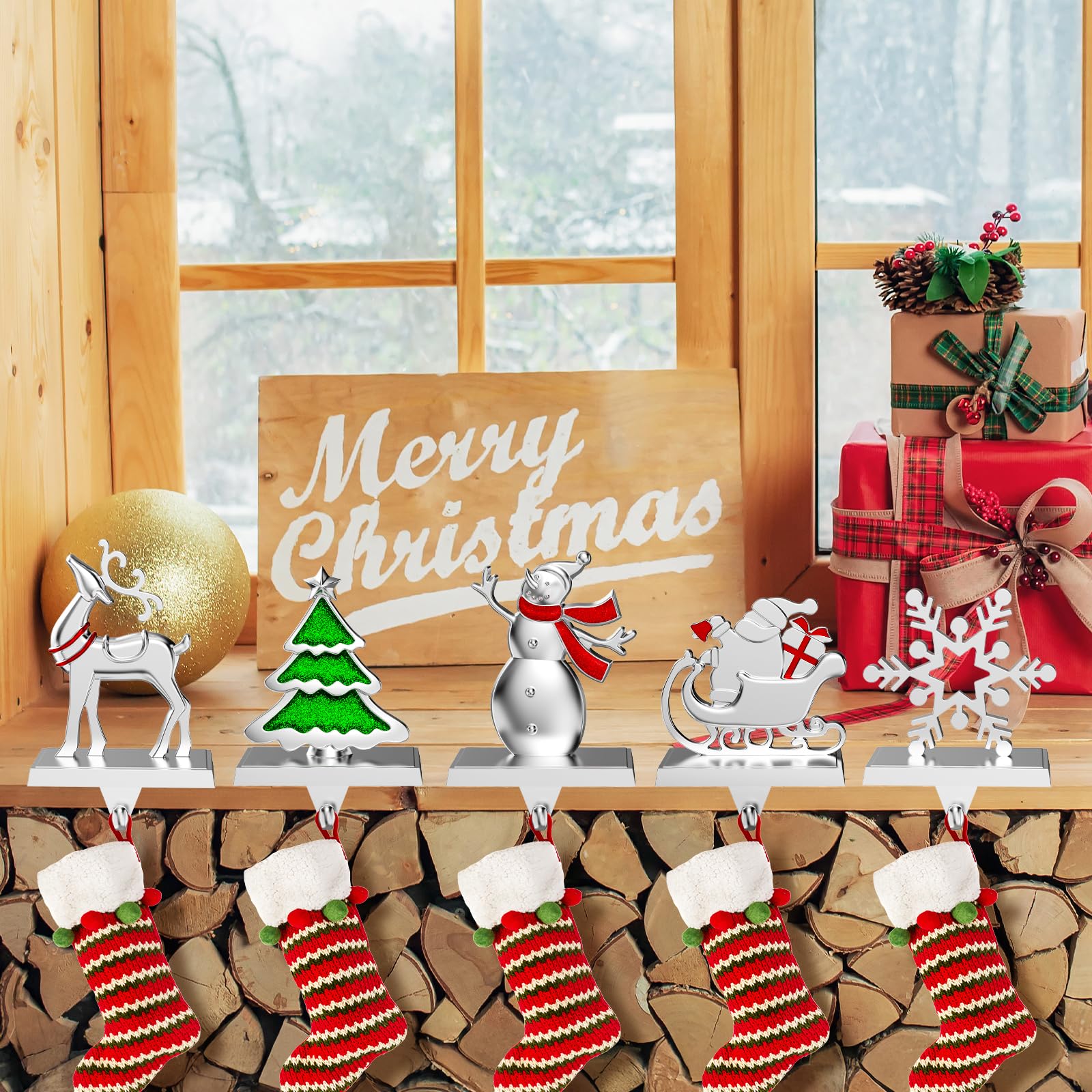 Lot de 6 supports de chaussettes de Noël pour cheminée - Crochets lourds pour cheminée, fenêtres, décorations d'intérieur - Argenté