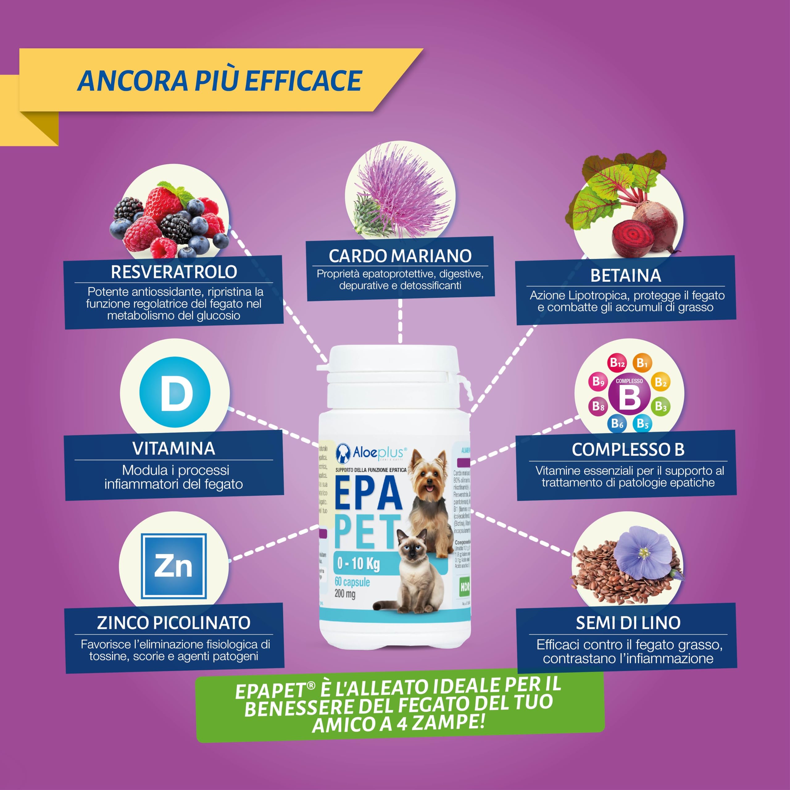 ALOEPLUS EpaPet - Integratore Naturale in Capsule per il Fegato di Cani e Gatti, con Cardo Mariano, Betaina e Vitamine, Senza Additivi Chimici, Dosaggio Personalizzato, 60 Capsule (0-10 kg)