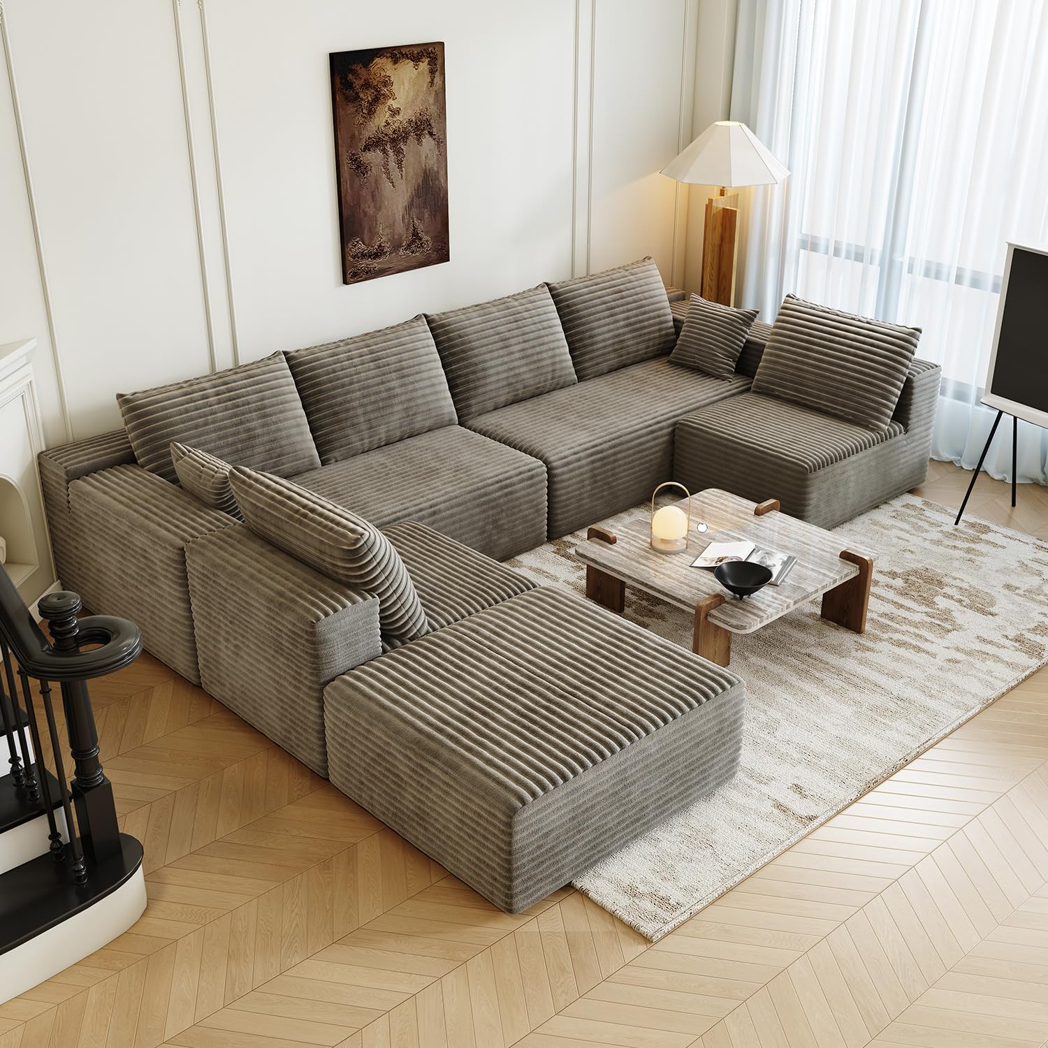139.4" Modular Sectional Sofa, Oversized U-Shaped Minimalist Couches with 2 Middle Seats and 1 Ottoman Chaise, Modern Deep Seat Convertible Sleeper