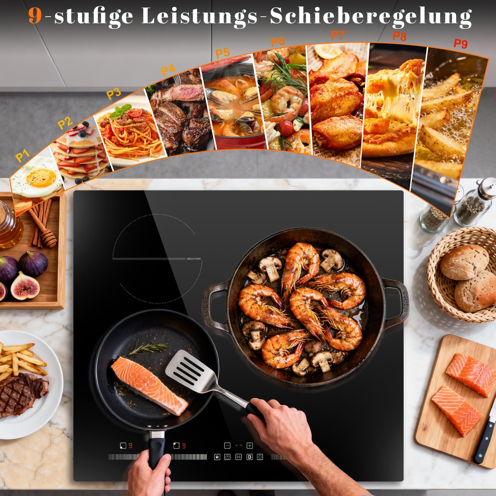 Induktionskochfeld 3 Zonen, 60 cm Einbau, 6500 W, 220-240 V Induktionsherd | 3 Platten, mit Boost-Funktion, 9-stufige Leistungsregelung, Pause, Kindersperre, Timer, Touch-Steuerung