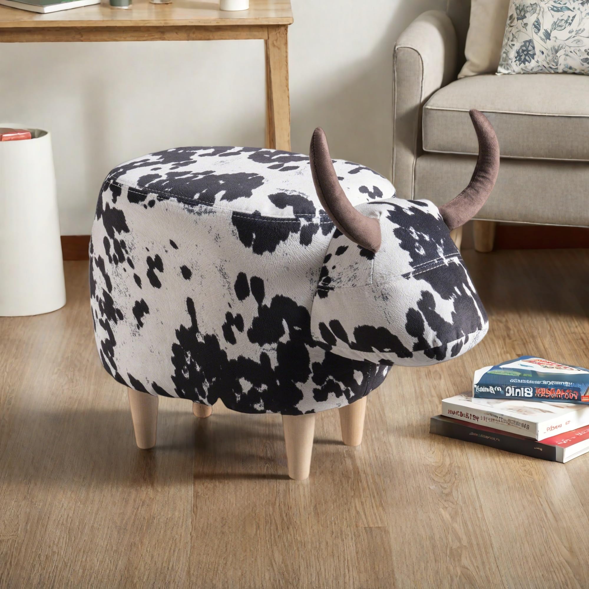 Christopher Knight Home Isana Cow-Shaped Ottoman, Cute Wood Foot Stool Shoes Changing Seat with Cushioned for Living Room, Bedroom, Playroom Porch